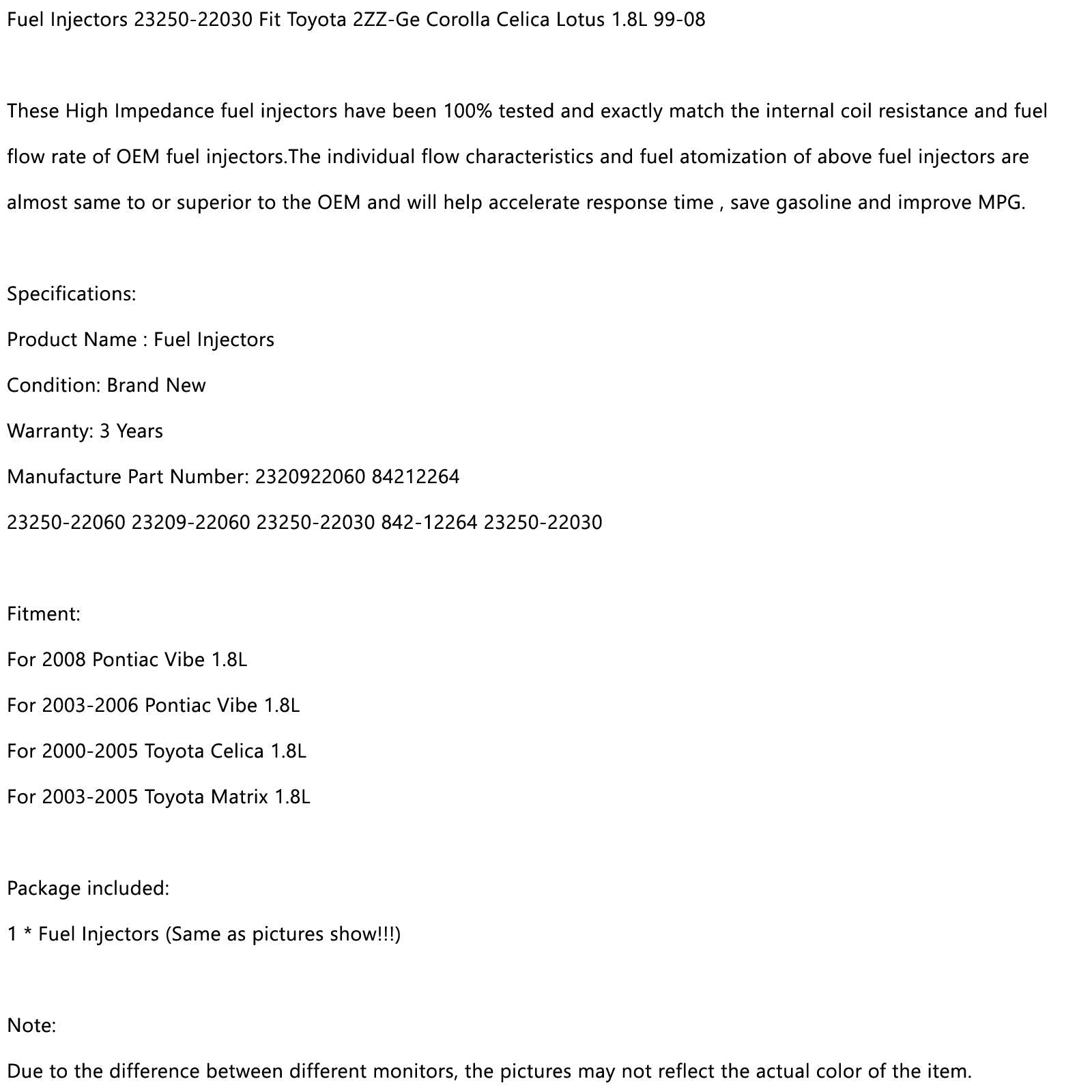 1 szt. Wtryskiwacze paliwa 23250-22030 dla Toyota 2ZZ-GE Corolla Celica Lotus 99-08 Generic