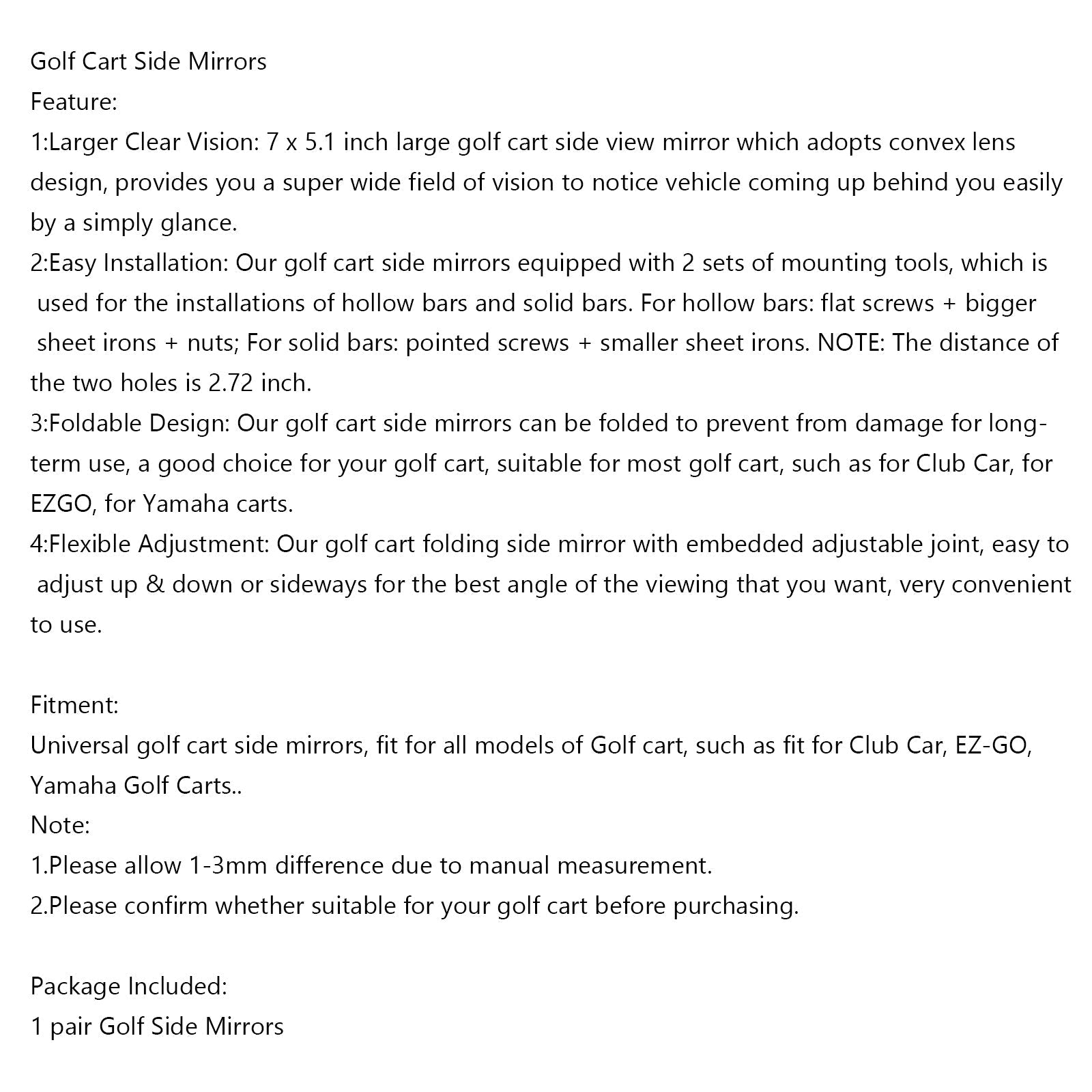 1 paire de rétroviseurs latéraux pour chariot de golf pour voiture de club pour EZ-GO Yamaha générique