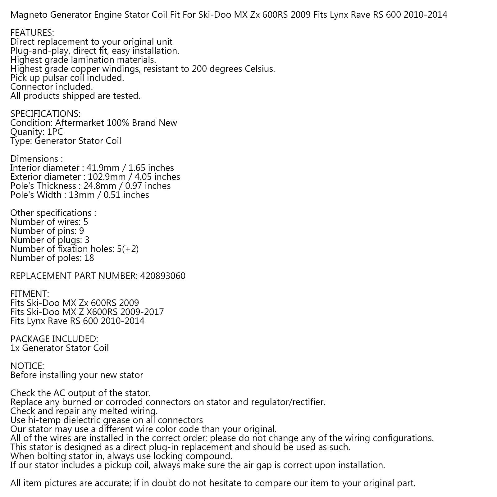 Magneto stojan alternatora dla Lynx Rave RS 600 10-14 / Ski-Doo MX Z X600RS 09-17 Generic
