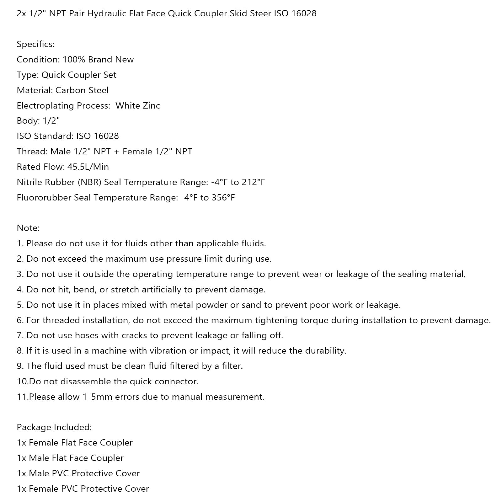 1/2" NPT-parihydraulinen tasainen pikaliitin Bobcat ISO 16028:lle