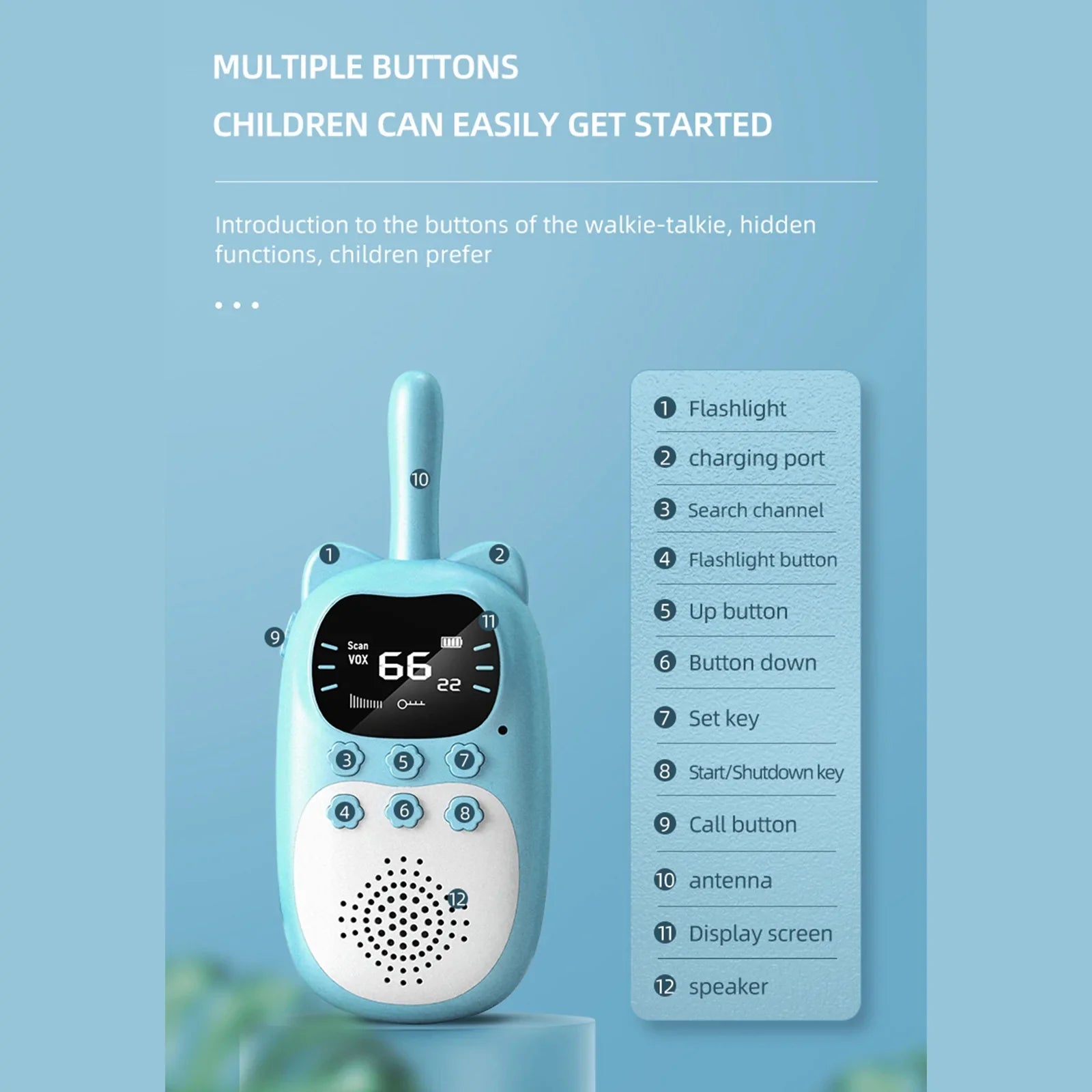 Pack de 2 Talkies-walkies Enfants - Portée 3 km - 22 Canaux - Lampe de Poche - Rechargeable