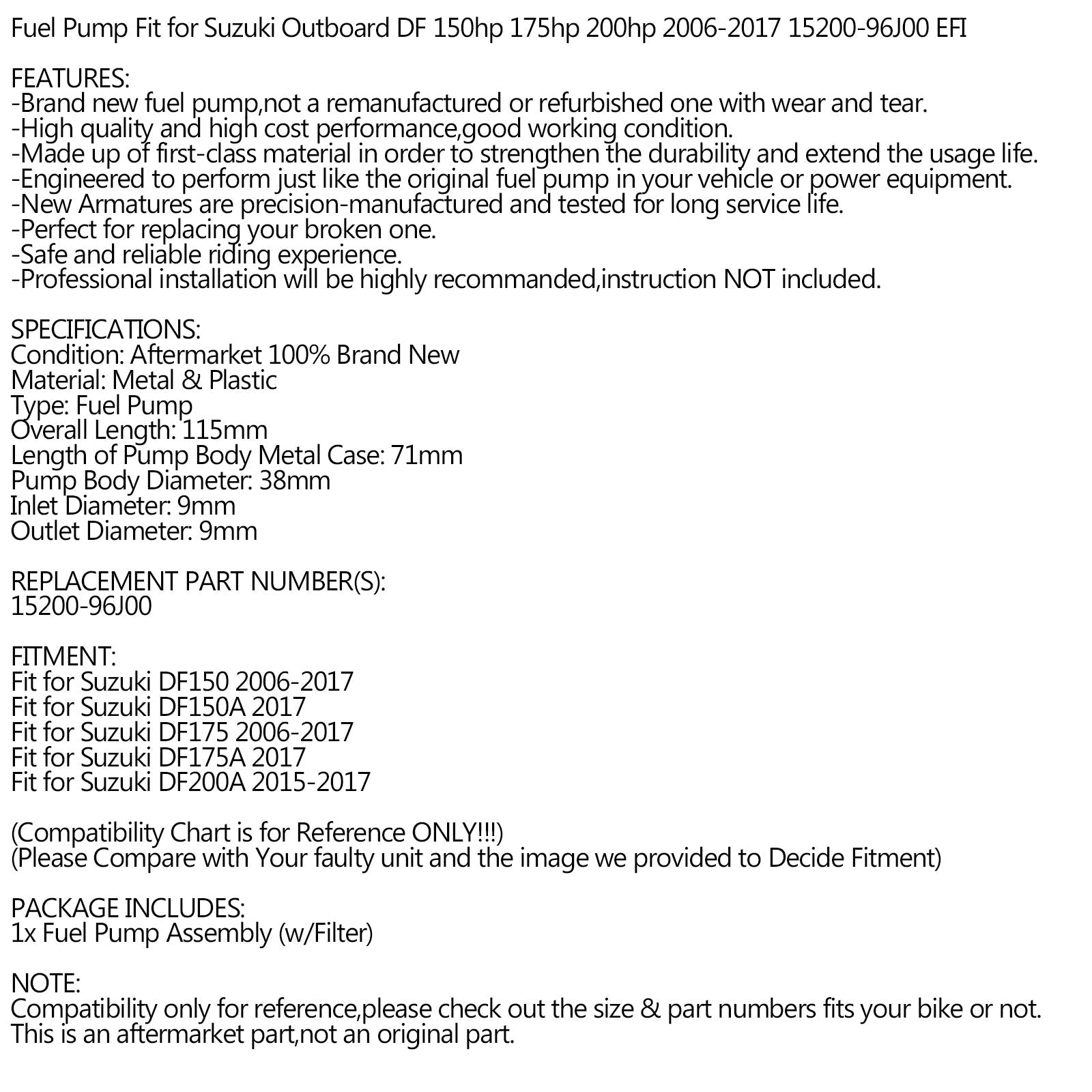 Bomba de combustible para Suzuki fueraborda DF 150hp 175hp 200hp EFI 2006-2017 15200-96J00 genérico