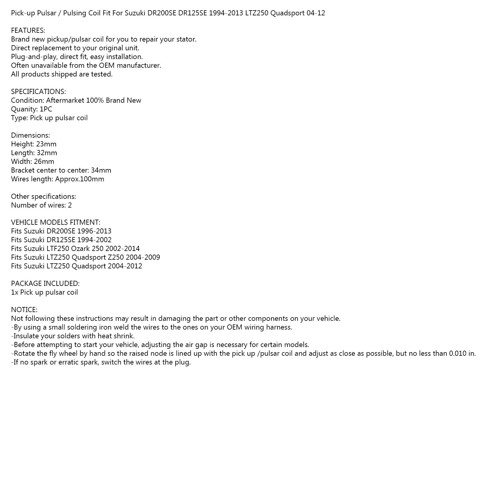 STAATORIN PULSSIANTURIN KELA Suzuki LT-Z250 QUADSPORTS LT-F250 OZARK 2002-2014