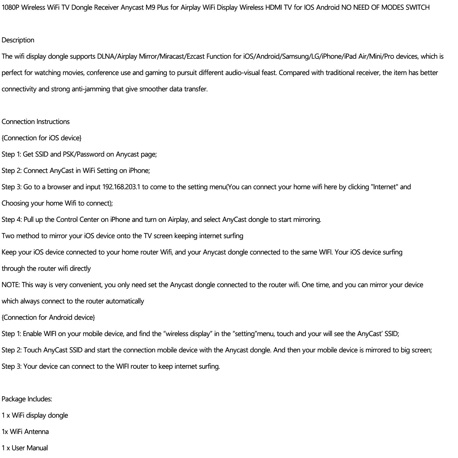 Anycast M9+ Air Play HD TV Stick Display WIFI-vastaanotin Dongle Streamer