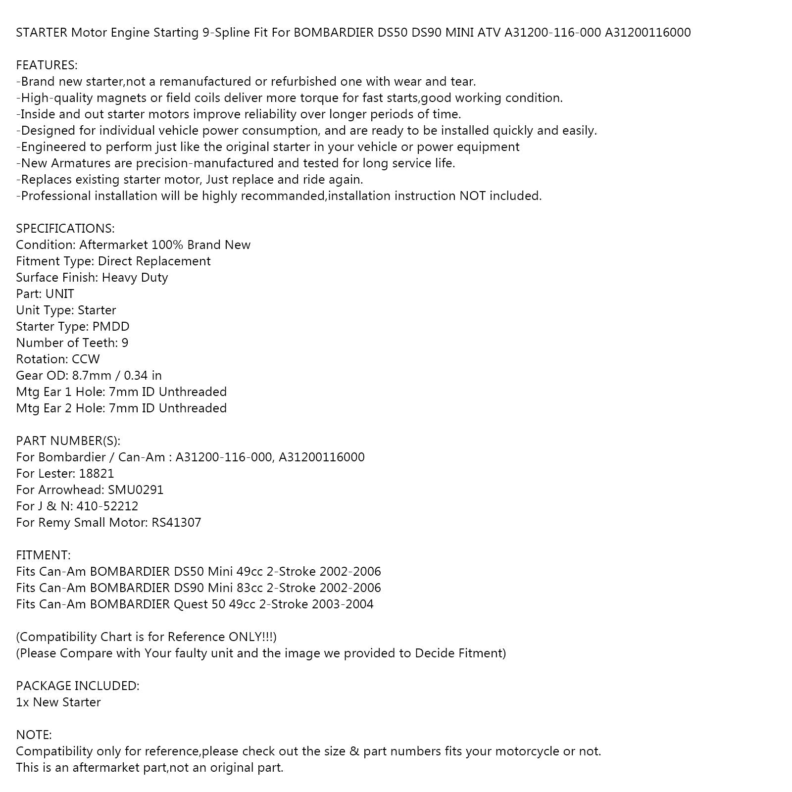 Käynnistysmoottori sopii Bombardier DS50 DS90 Mini 2-tahtiin 02-06 A31200-116-000 Generic