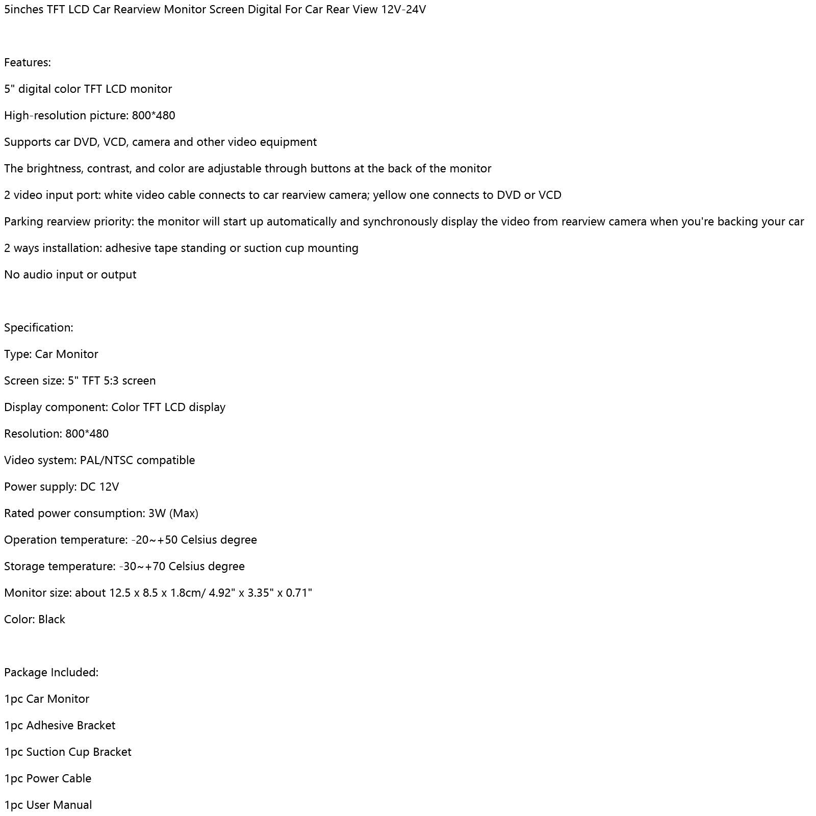 5-calowy monitor TFT HD LCD do kamery cofania z widokiem z tyłu samochodu