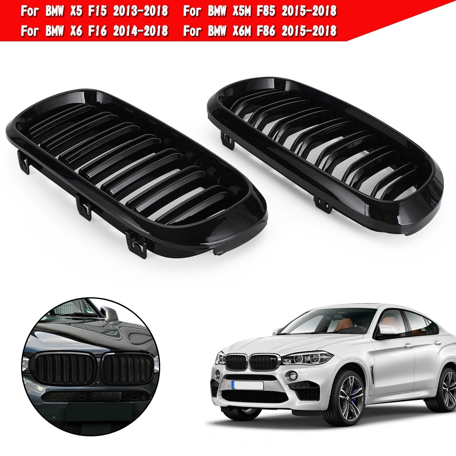 Glanzend Zwart Dubbel Grille voor BMW X5M F85 X6M F86 X5 F15 X6 F16 13-18 Generiek