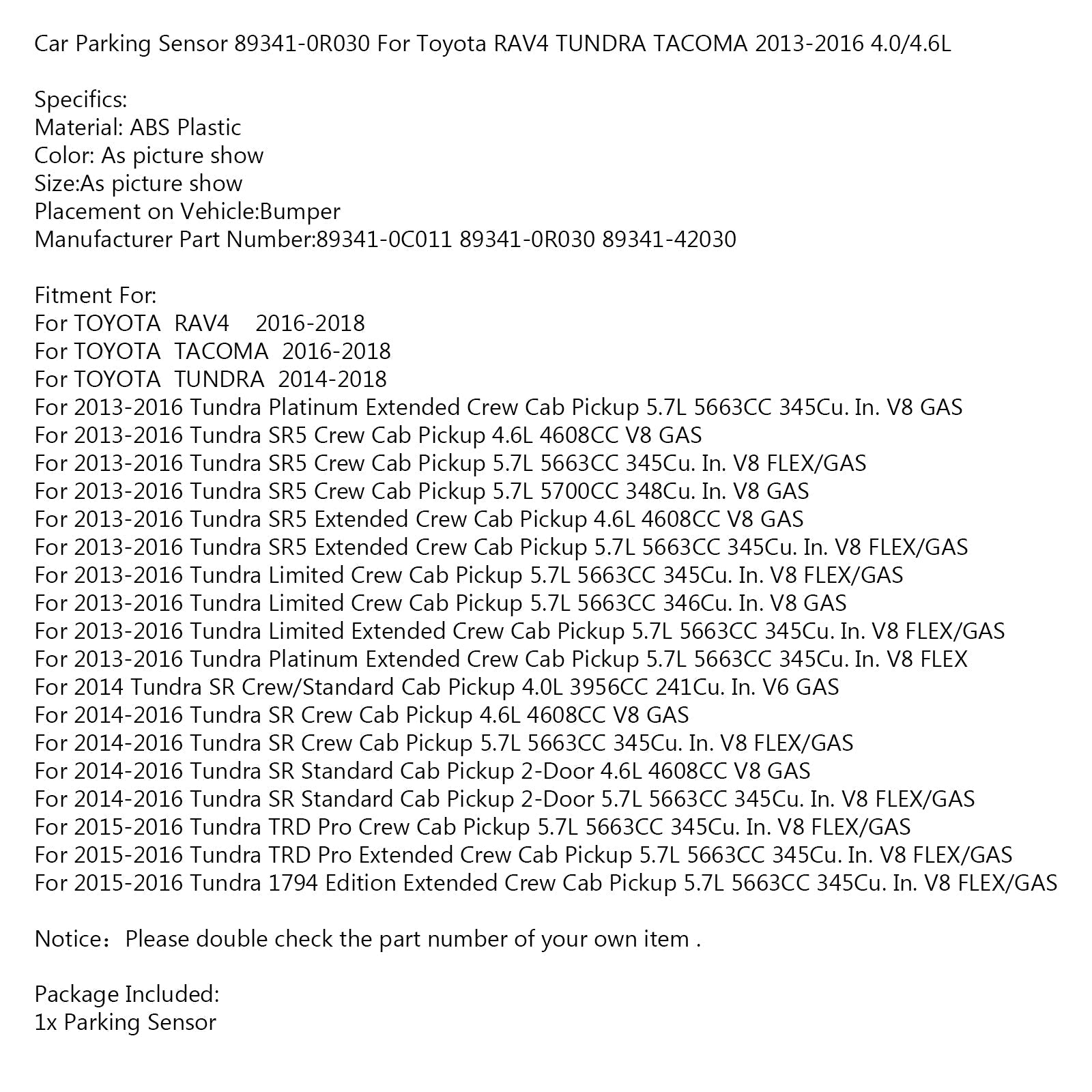 Parkeersensor 89341-0R030 voor Toyota RAV4 TUNDRA TACOMA 2013-2016 4.0/4.6L Generiek