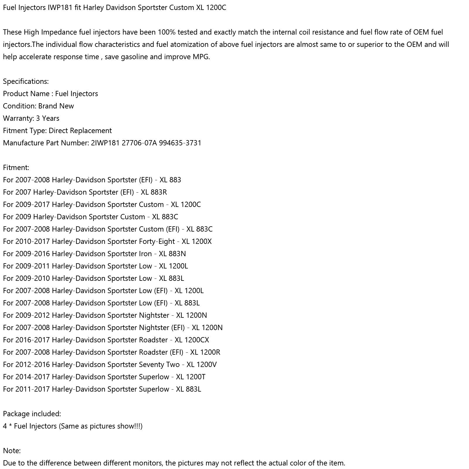 4 wtryskiwacze paliwa IWP181 do ogólnego Harley Davidson Sportster Custom XL 1200C