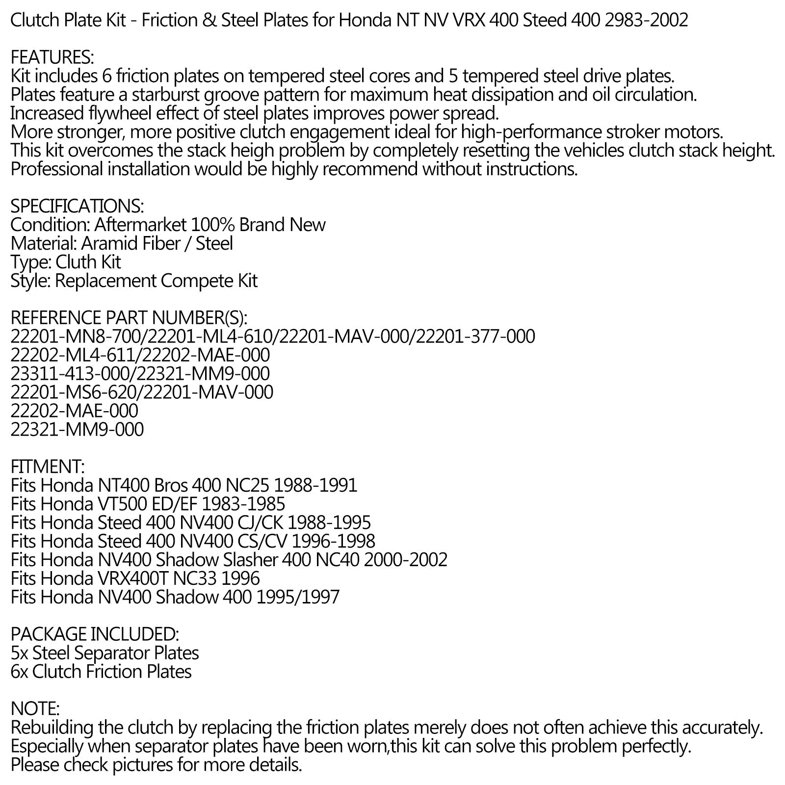 Kit Embrayage Acier & Disques Friction pour Honda NT NV VRX 400 Steed 400 1983-2002 Generic