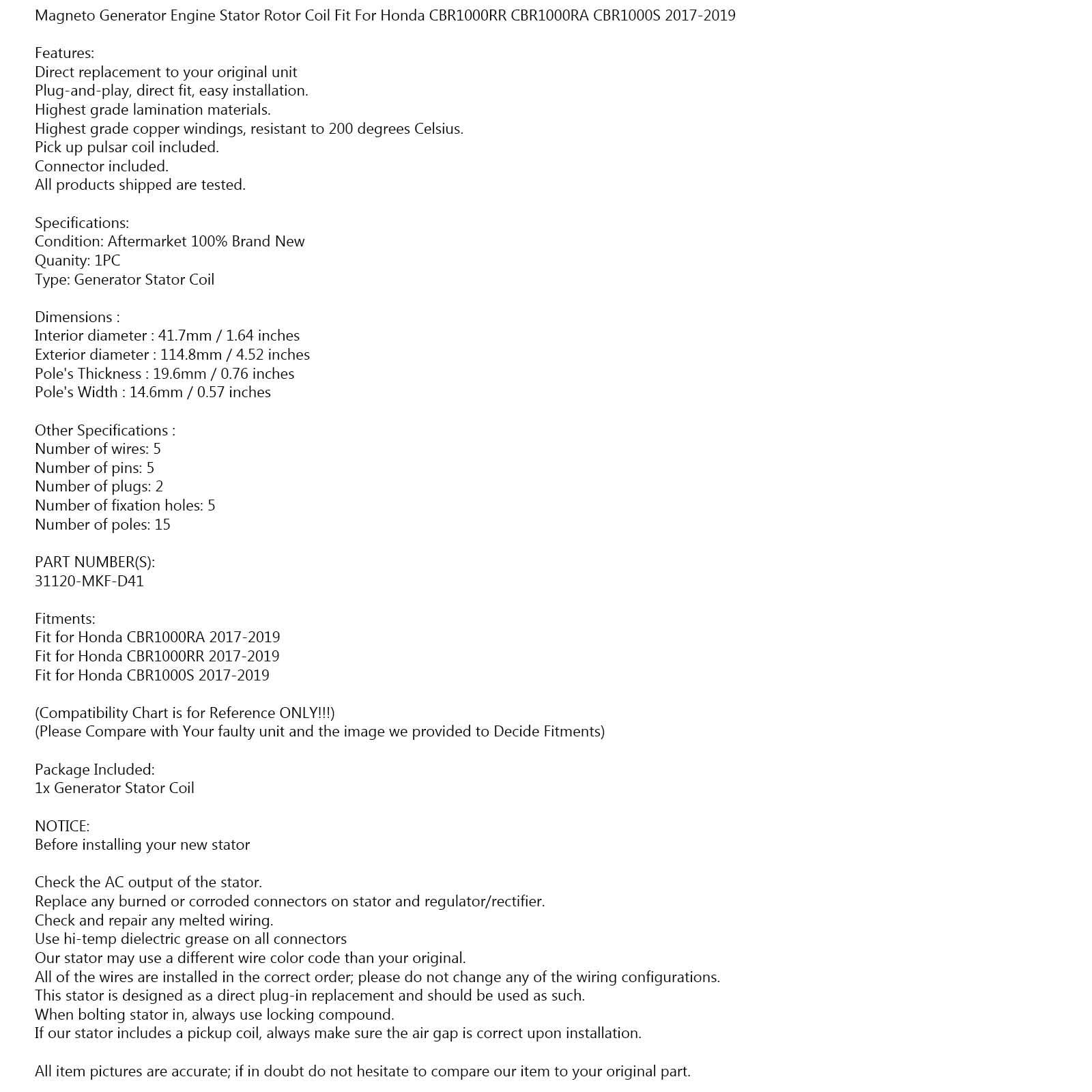 Oletko myymälässäsi laturin staattorigeneraattori Honda CBR 1000 RR RA SP 2017 2018 2019