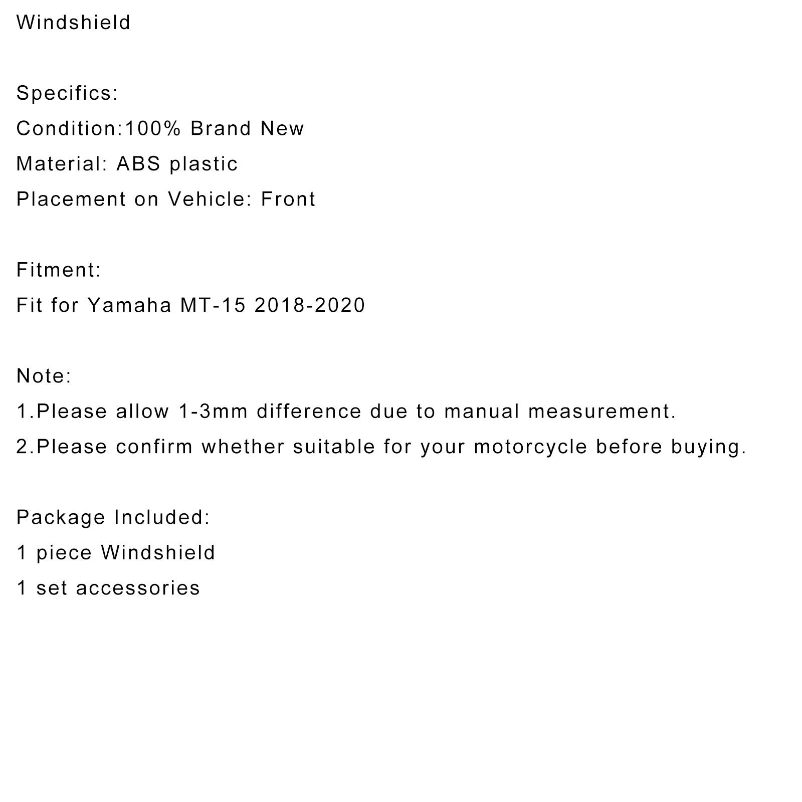 Parabrezza motociclistico in plastica ABS per Yamaha MT-15 2018-2020