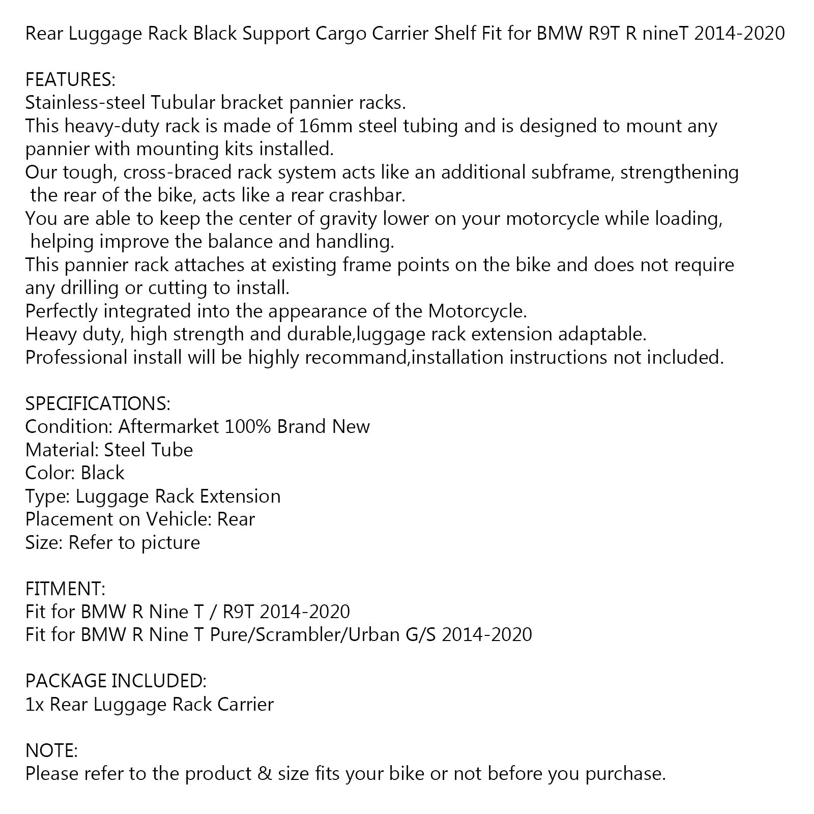 Porte-bagages arrière noir pour BMW R 1200 NineT Scrambler 2014-2020 générique