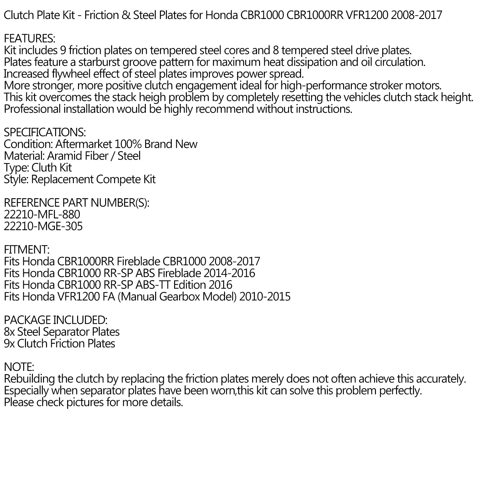 Kit Embrayage Acier & Disques Friction pour Honda CBR1000 CBR1000RR VFR1200 2008-2017 Generic