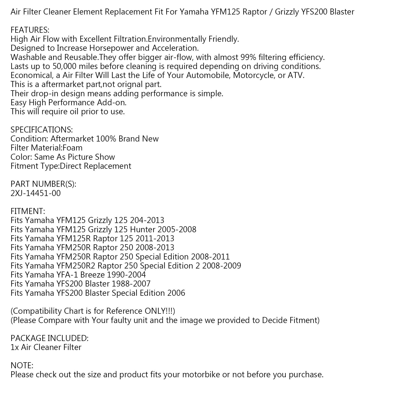 Filtre à air pour Yamaha Blaster 200 YFS200 88-06 YFM125 YFM250 Grizzly Raptor Générique
