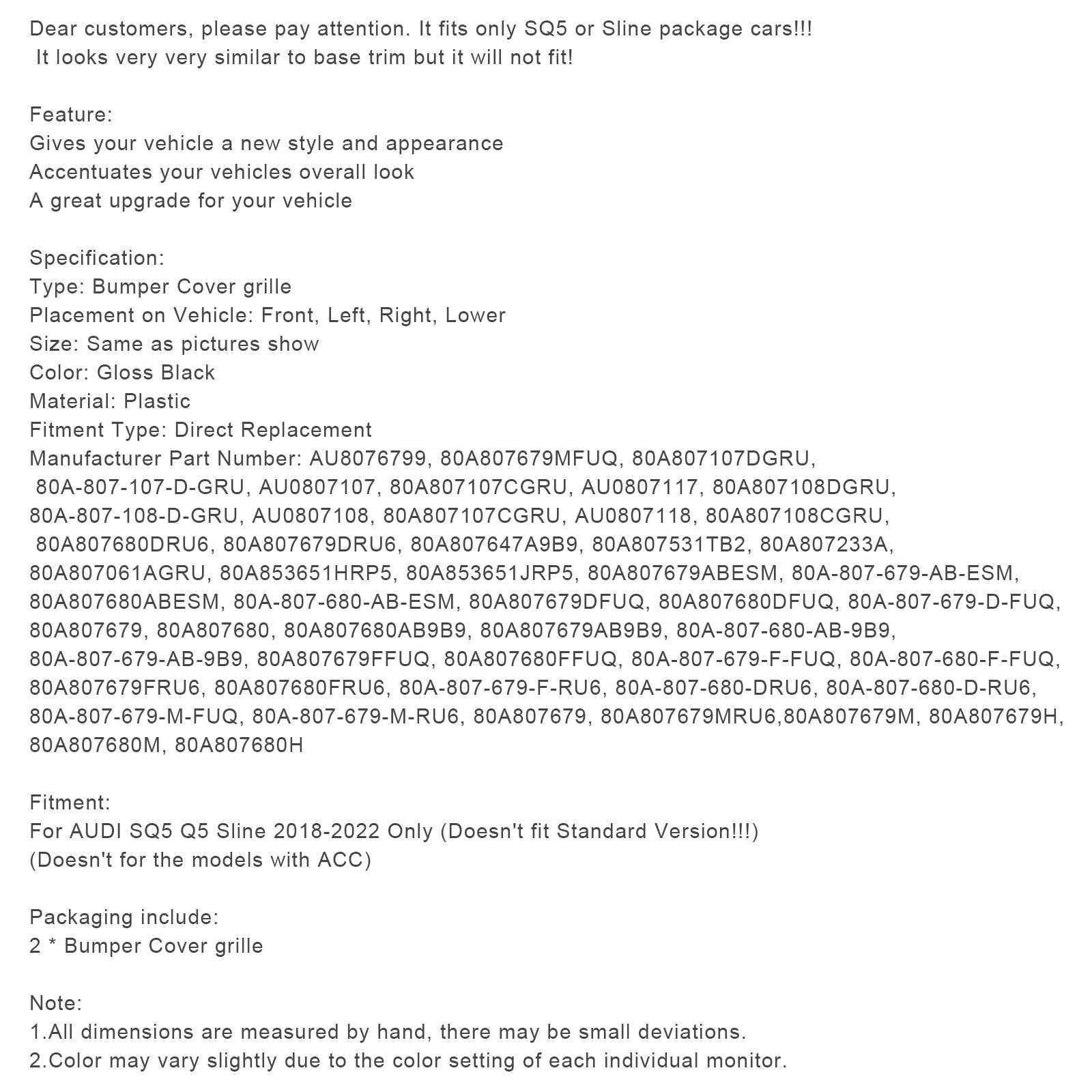 Griglia paraurti anteriore Audi Q5 SQ5 pre-restyling 2018-2022 80A807679MRU6