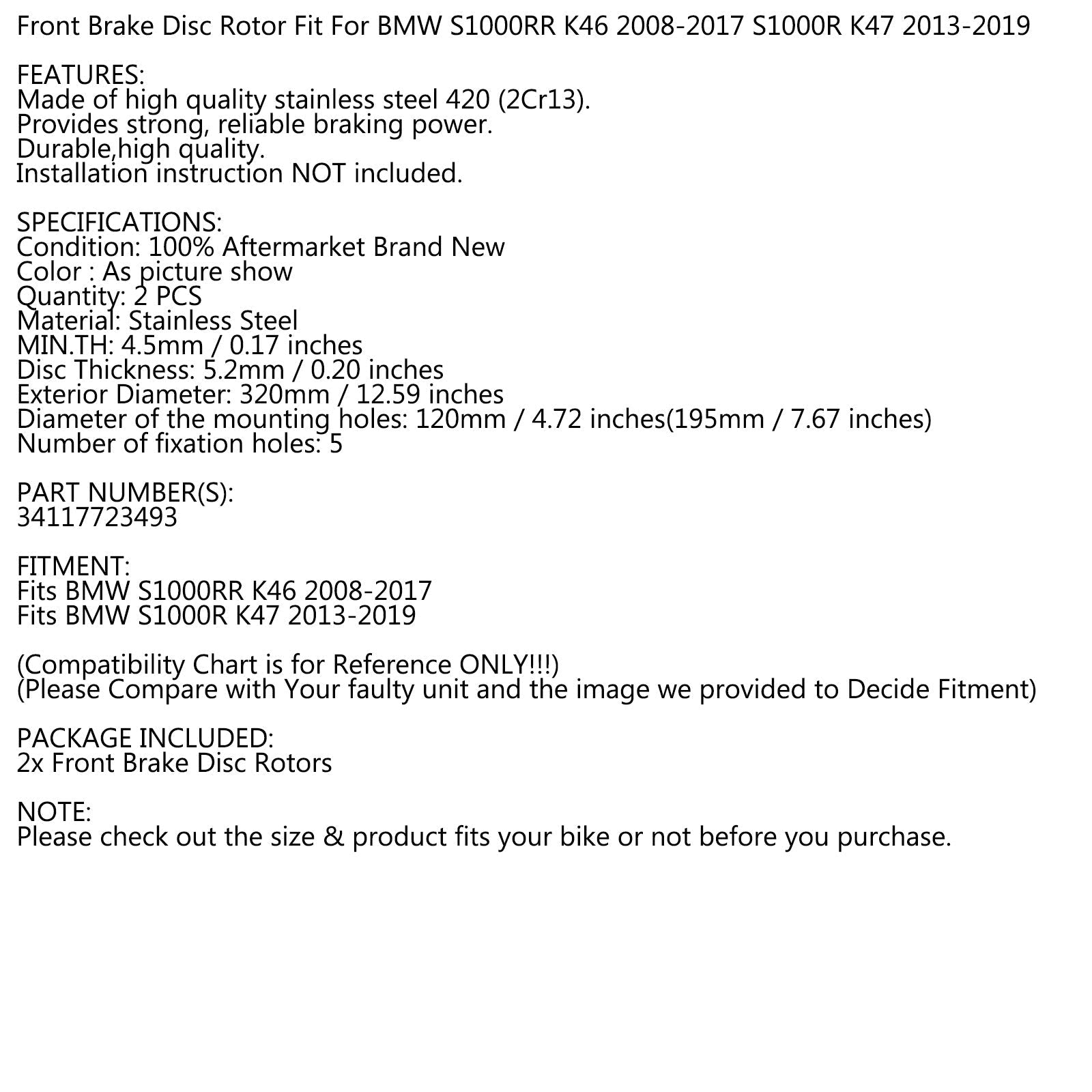 Przednia tylna tarcza hamulcowa do BMW S1000RR K46 2008-2017 S1000R K47 2013-2019 Generic