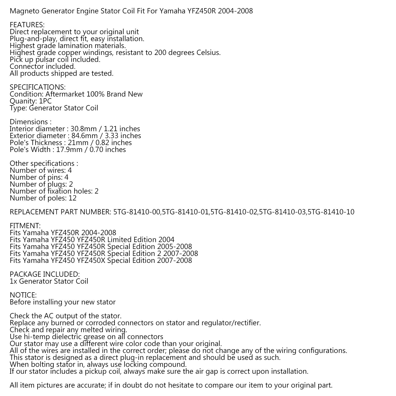 Staattorigeneraattori Yamaha YFZ450 YFZ 450 R/X Limited / Special Edition 04-08 Generic