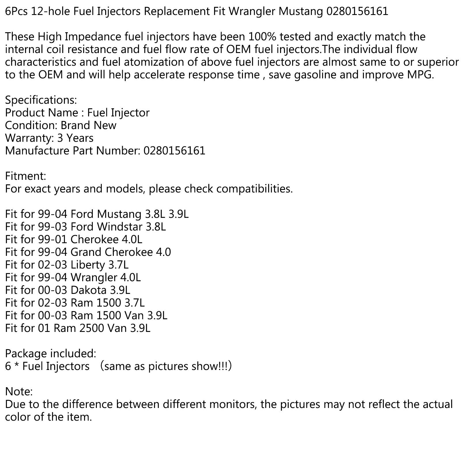 6 pièces 12 trous injecteurs de carburant de remplacement pour Wrangler Mustang 0280156161 générique