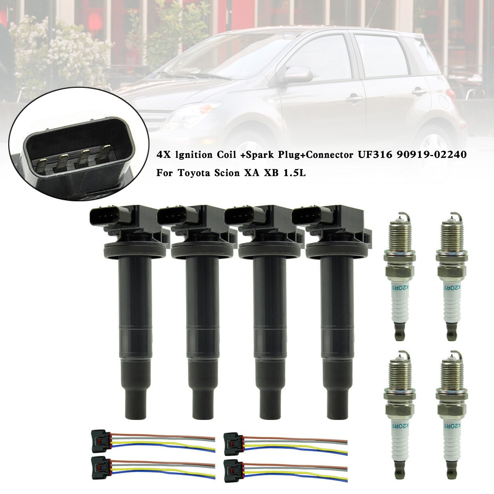 4X bobina de encendido + bujía + conector UF316 90919-02240 9008019021 para Scion XA XB 1.5L Fedex Express