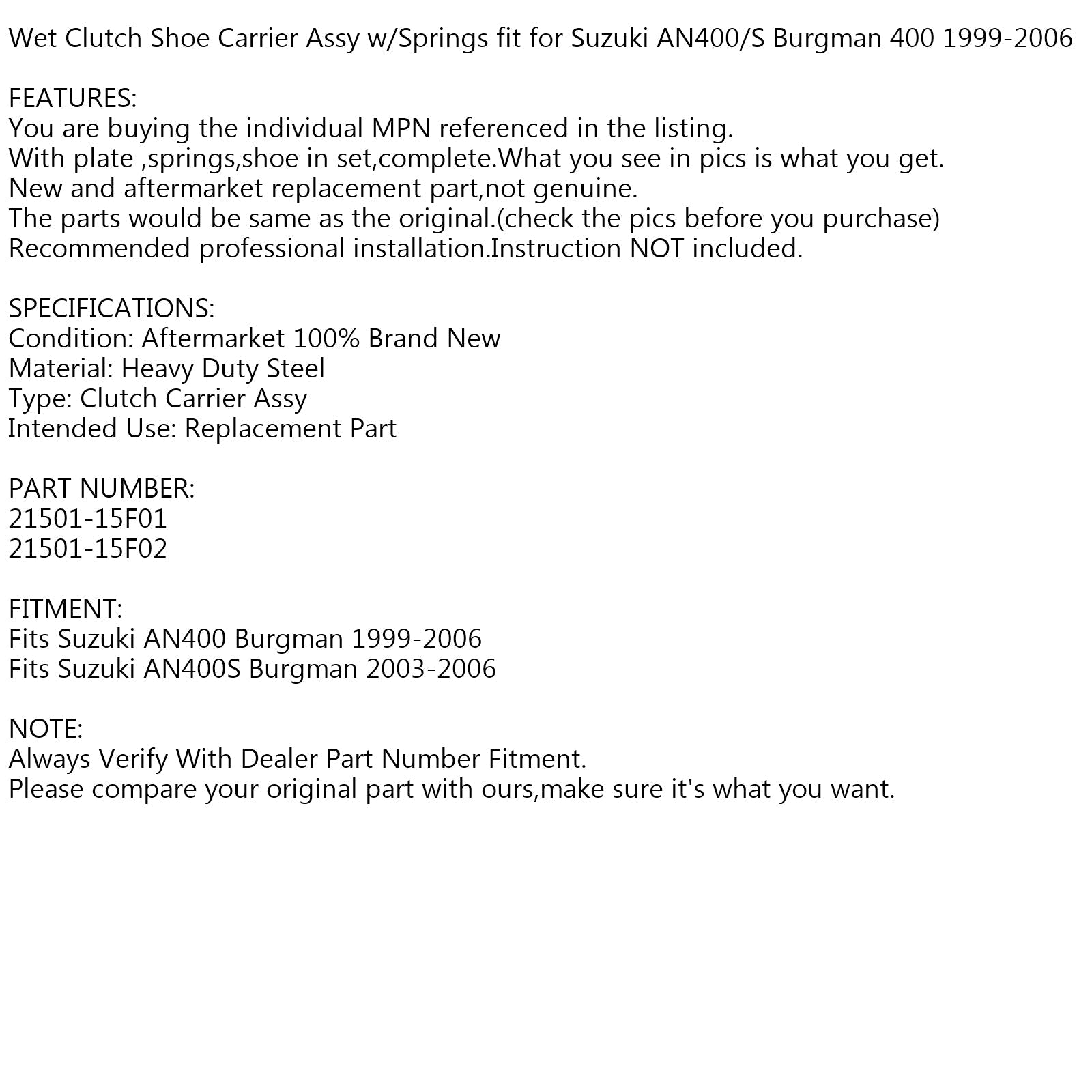 Ensemble complet de masselottes d'embrayage et ressort pour Suzuki Burgman AN400 AN400S 99-06 Generic