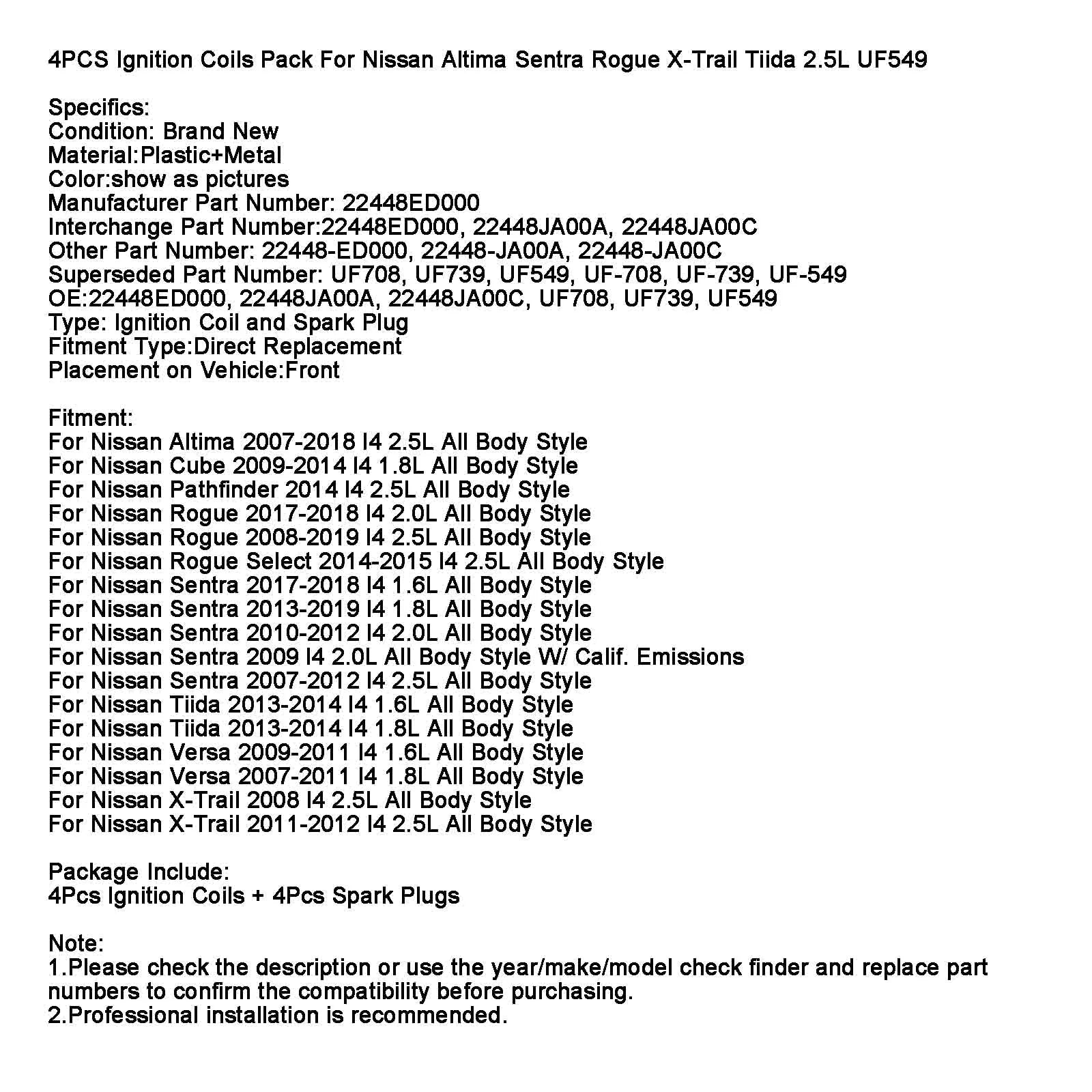 2013-2014 Nissan Tiida L4 1,6L 1,8L za vžig paket UF549 4pcs