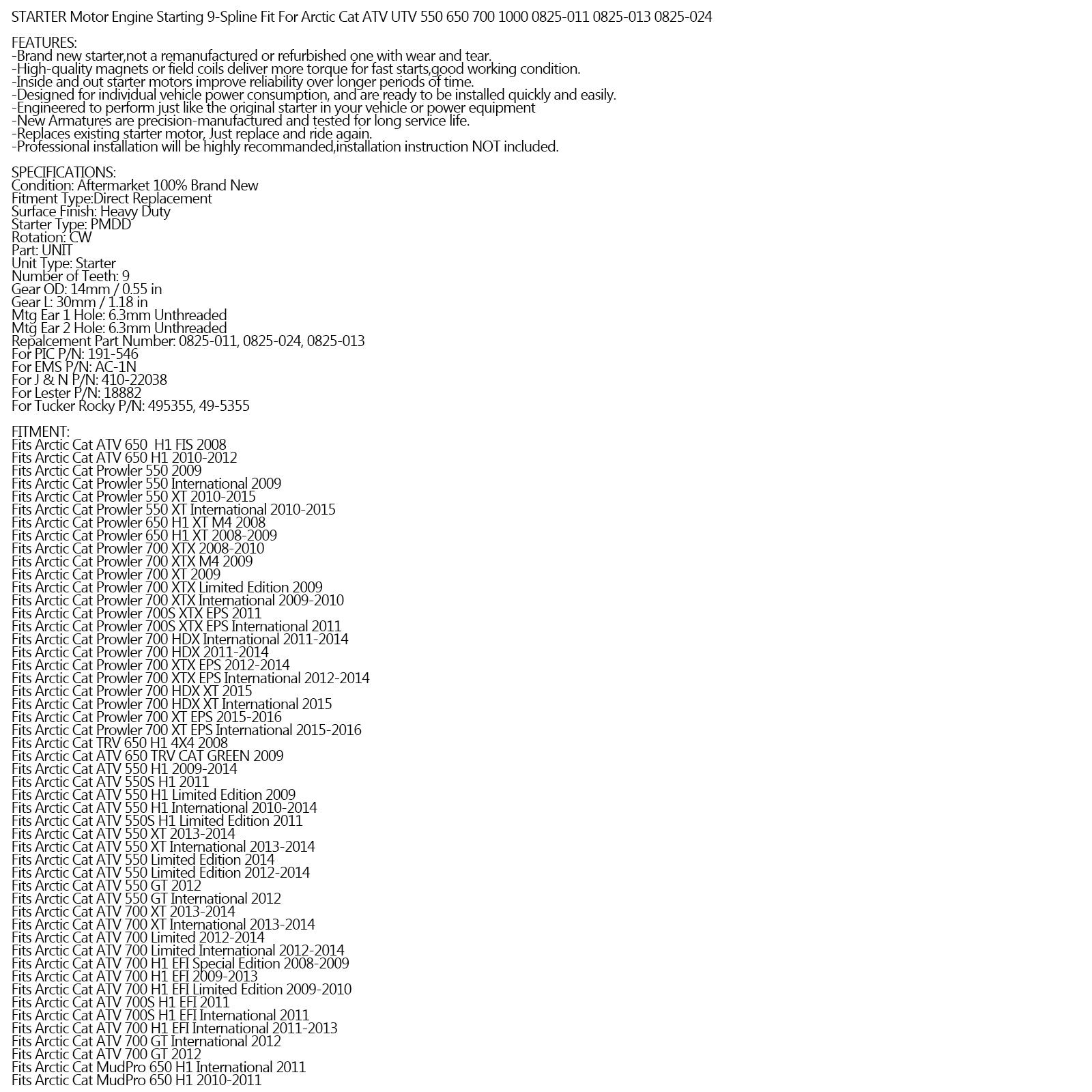 0825-013 Sostituzione del motorino di avviamento per Arctic Cat - 0825-024 0825-011 Generico