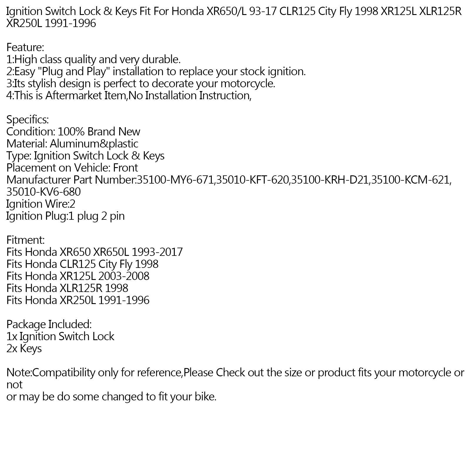 Anti-diefstal contactslotsleutels voor Honda 93-17 XR650 L 91-96 XR250 L generiek