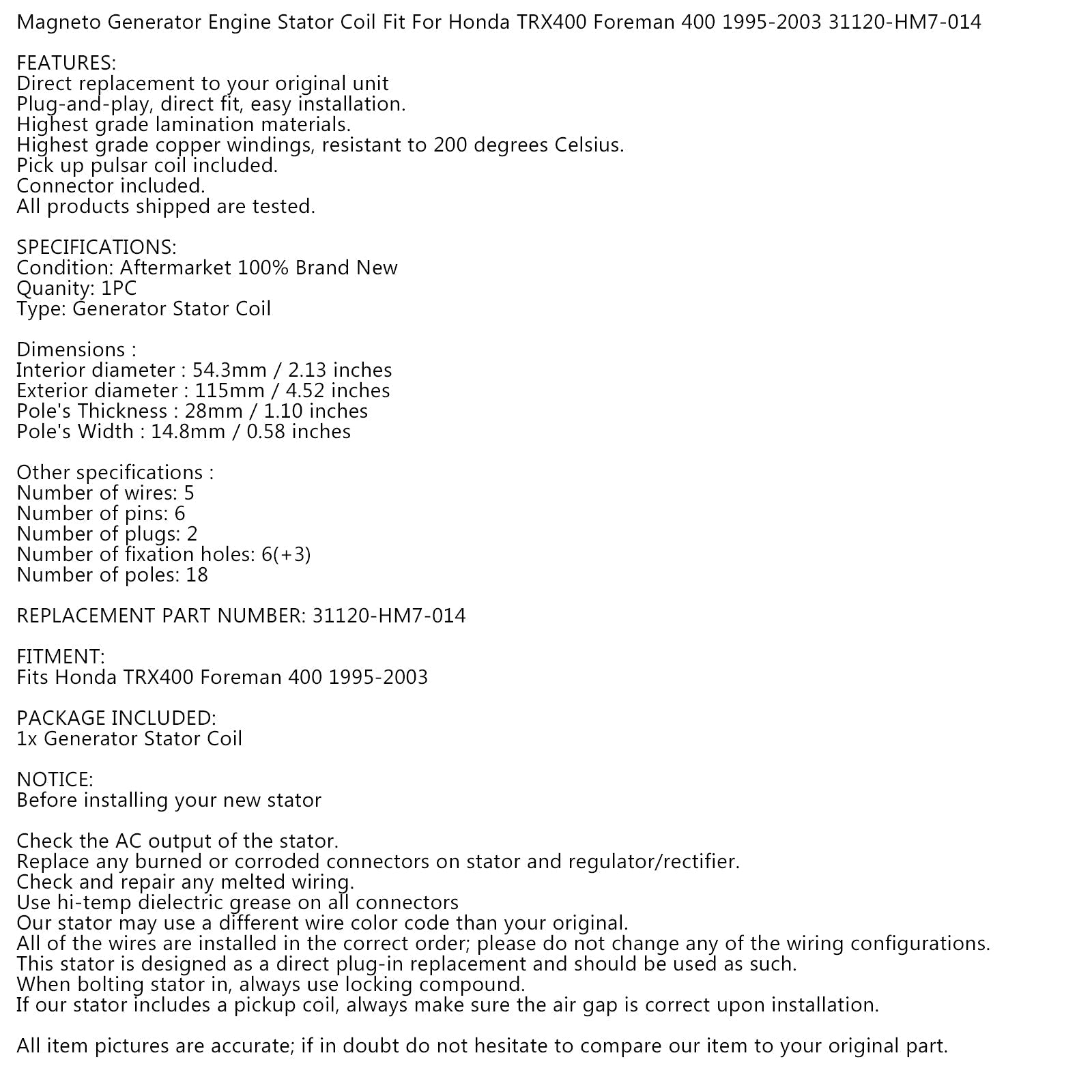 Stojan alternatora Magneto dla Honda TRX 400 FW 4x4 Foreman 400 ATV 1995-2003 Generic