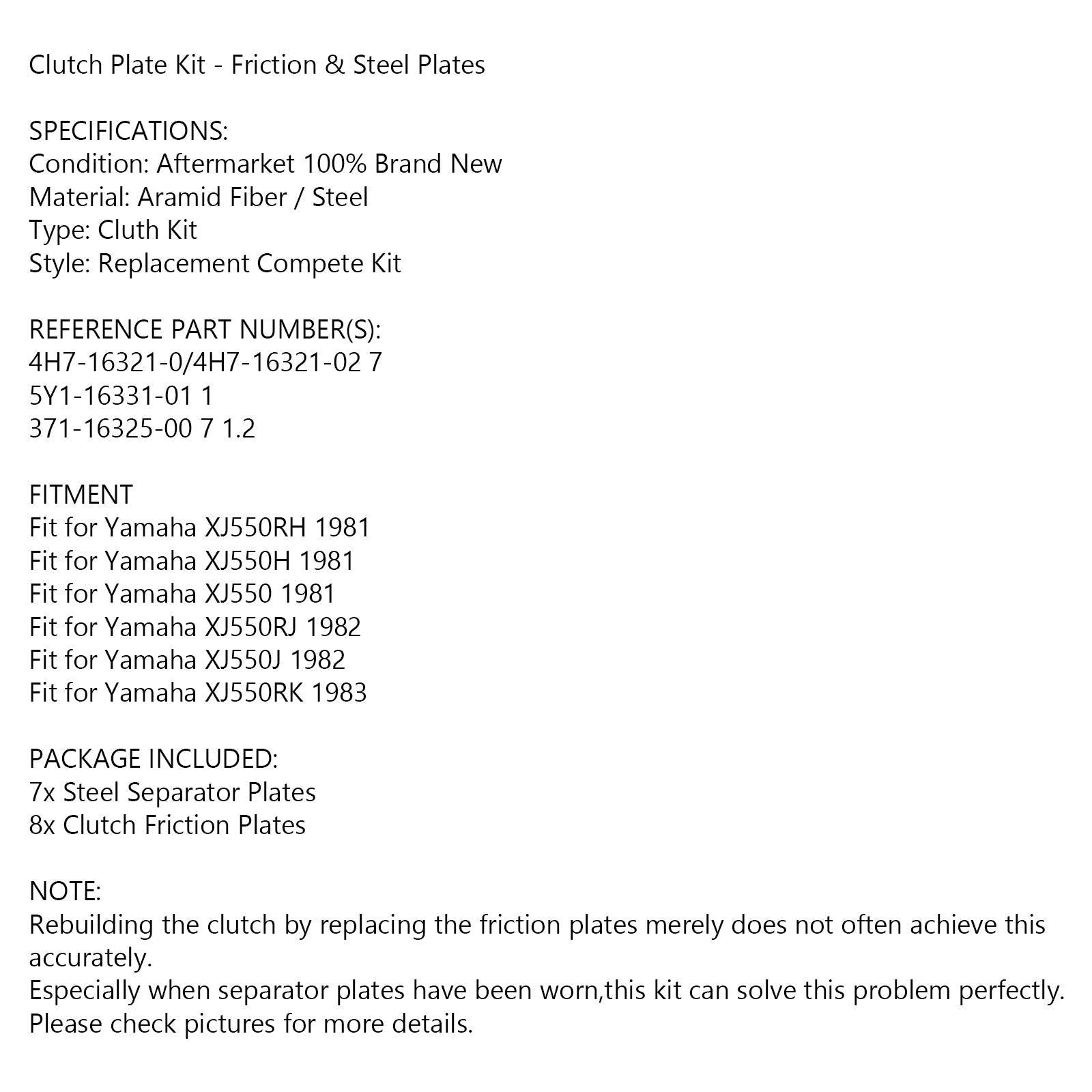 Kit frizione e dischi attrito in acciaio per Yamaha XJ550 RH/H 1981 XJ550 RJ 1982 Generic