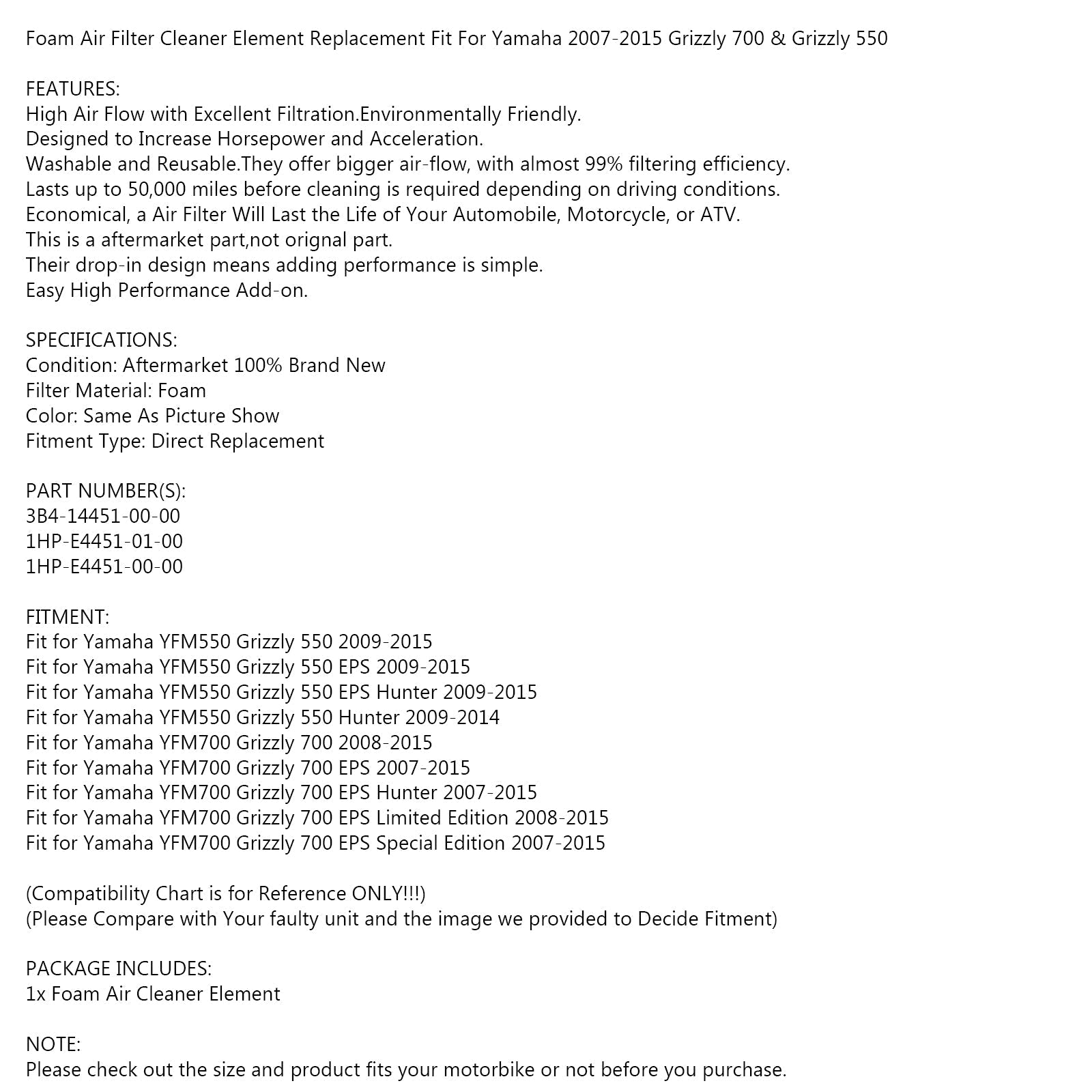 Filtro Aria in Schiuma per Yamaha YFM550 FG Grizzly YFM700 FG Grizzly 07-15 Generico