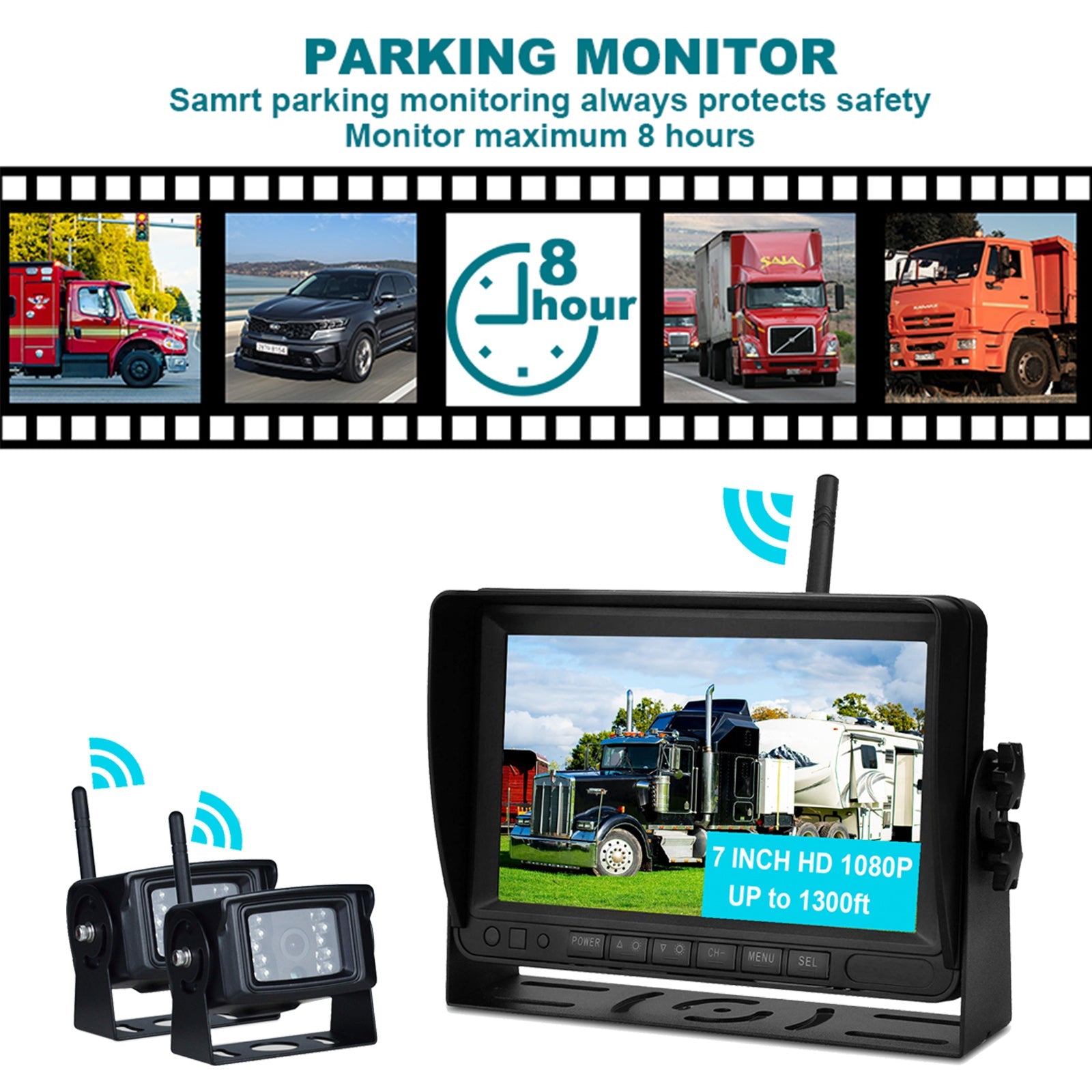 7 -palčni brezžični vzvratni fotoaparat za karavan Trailer Truck, HD 1080P LCD zaslon, 2 kamera komplet