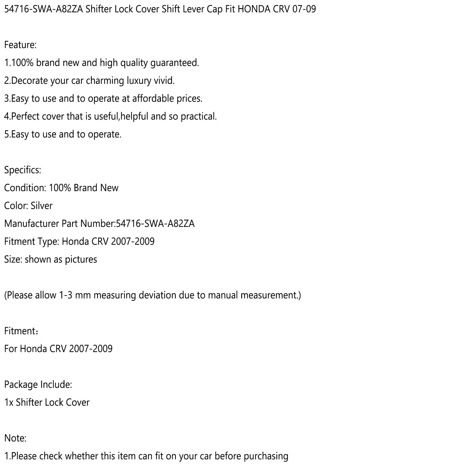 54716-SWA-A82ZA Capuchon de levier de changement de vitesse pour HONDA CRV 2007-2009