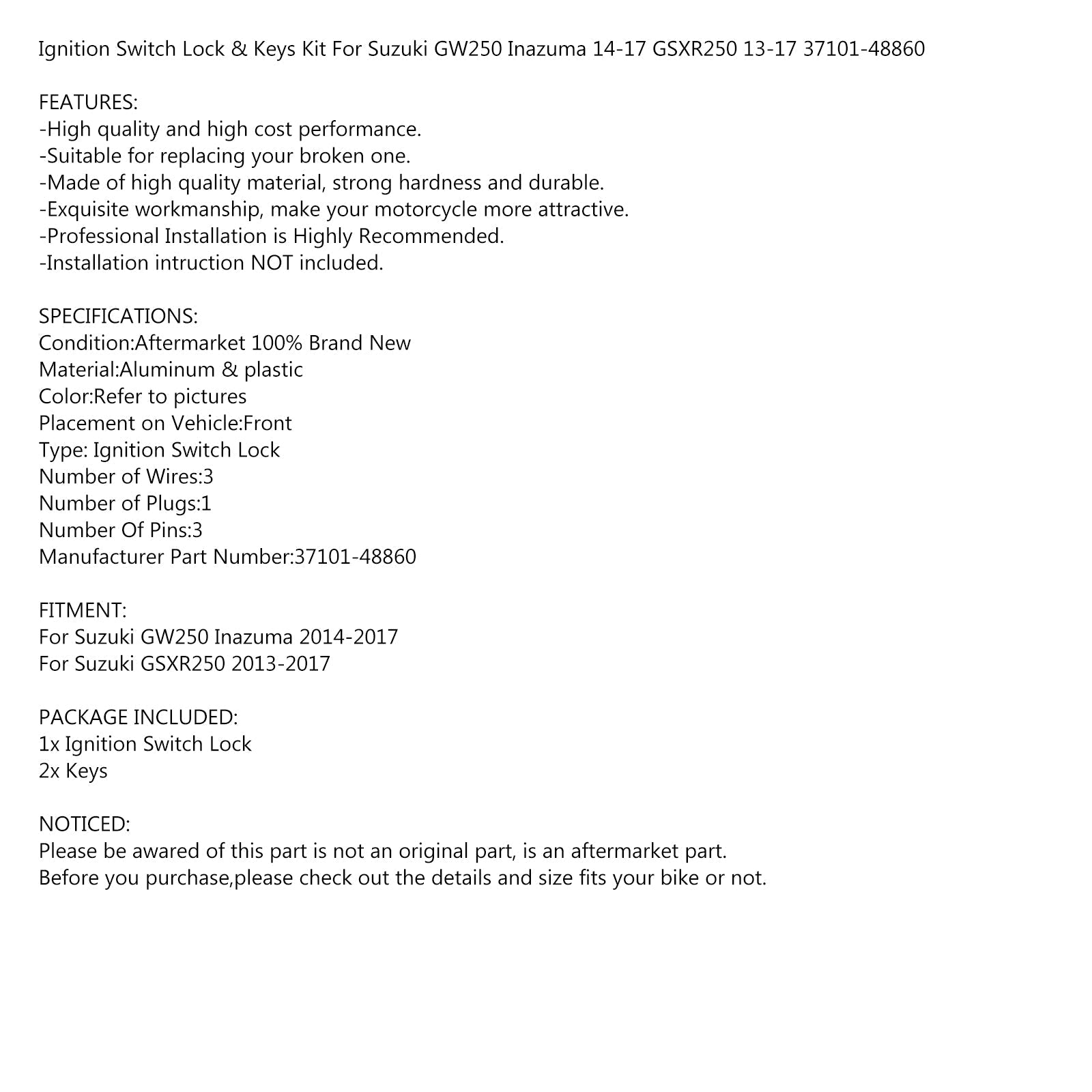 Komplet ključavnice in ključa za vžig za Suzuki GSXR 250 13-17 GW250 Inazuma 14-17 generično