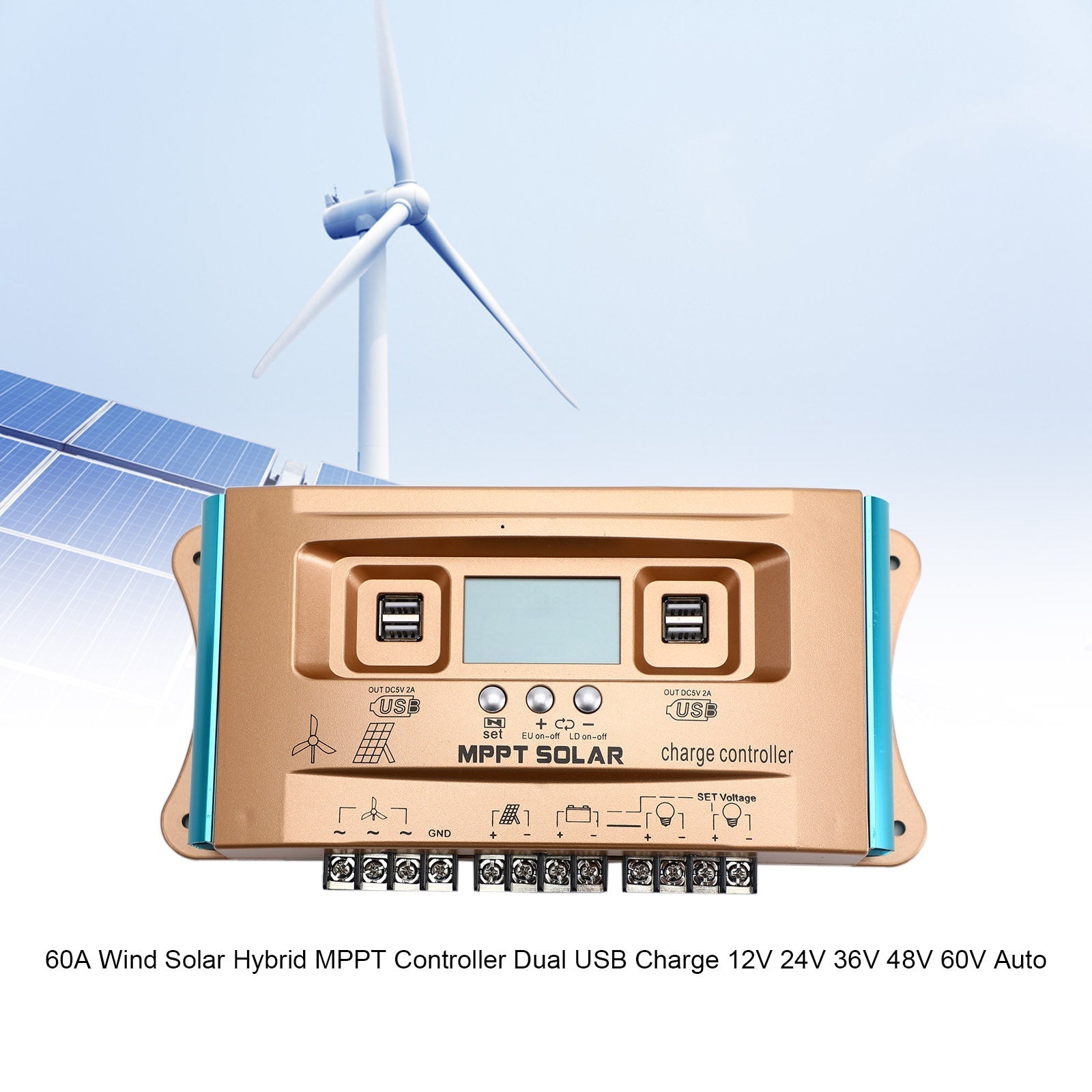 60A MPPT AUTO Podwójna ładowarka USB Wind Solar Hybrid Charge Controller Ładowarka 12 V-60 V