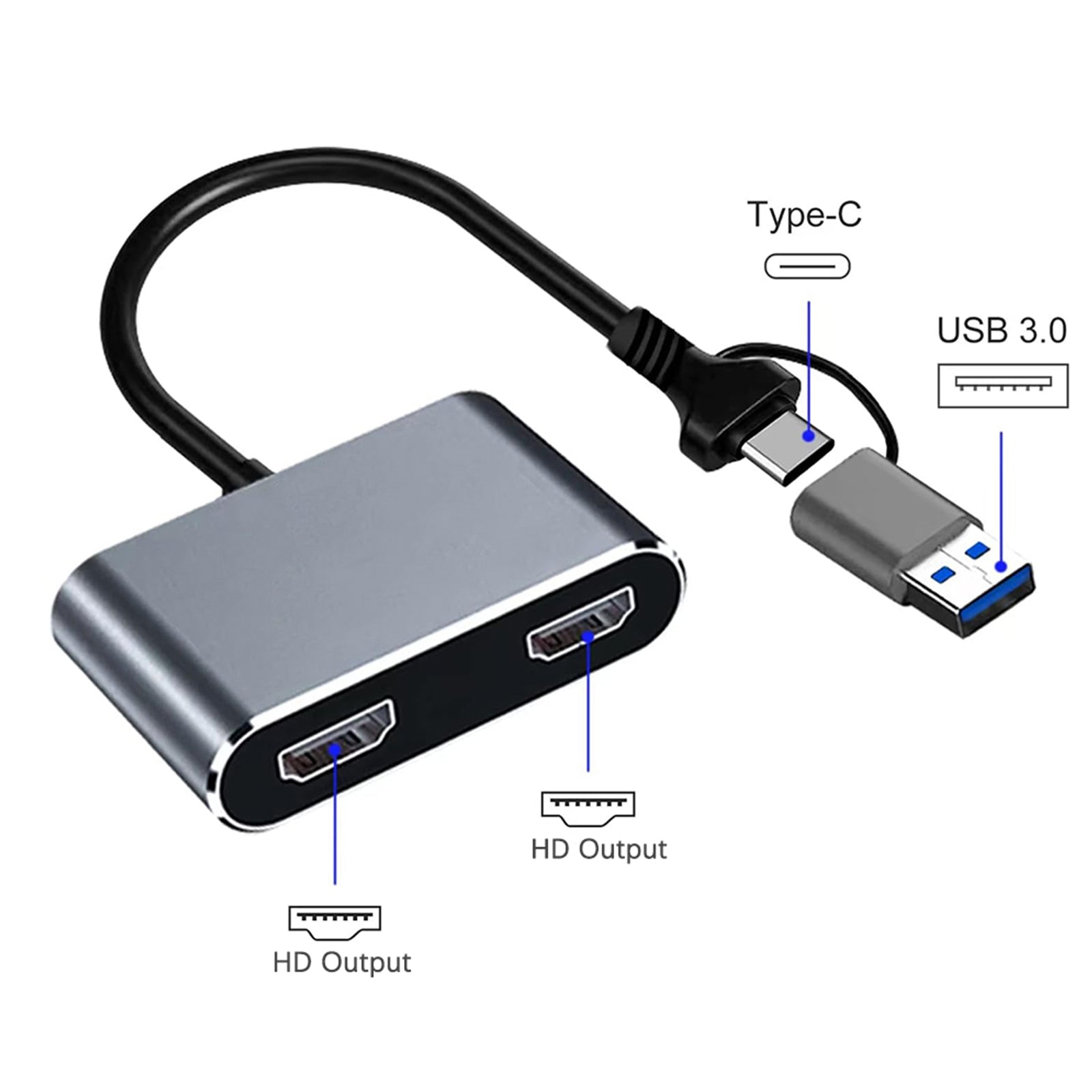 USB3.0 Type-C naar Dual HD 1080P Converter Schermuitbreiding voor laptop Hetzelfde scherm