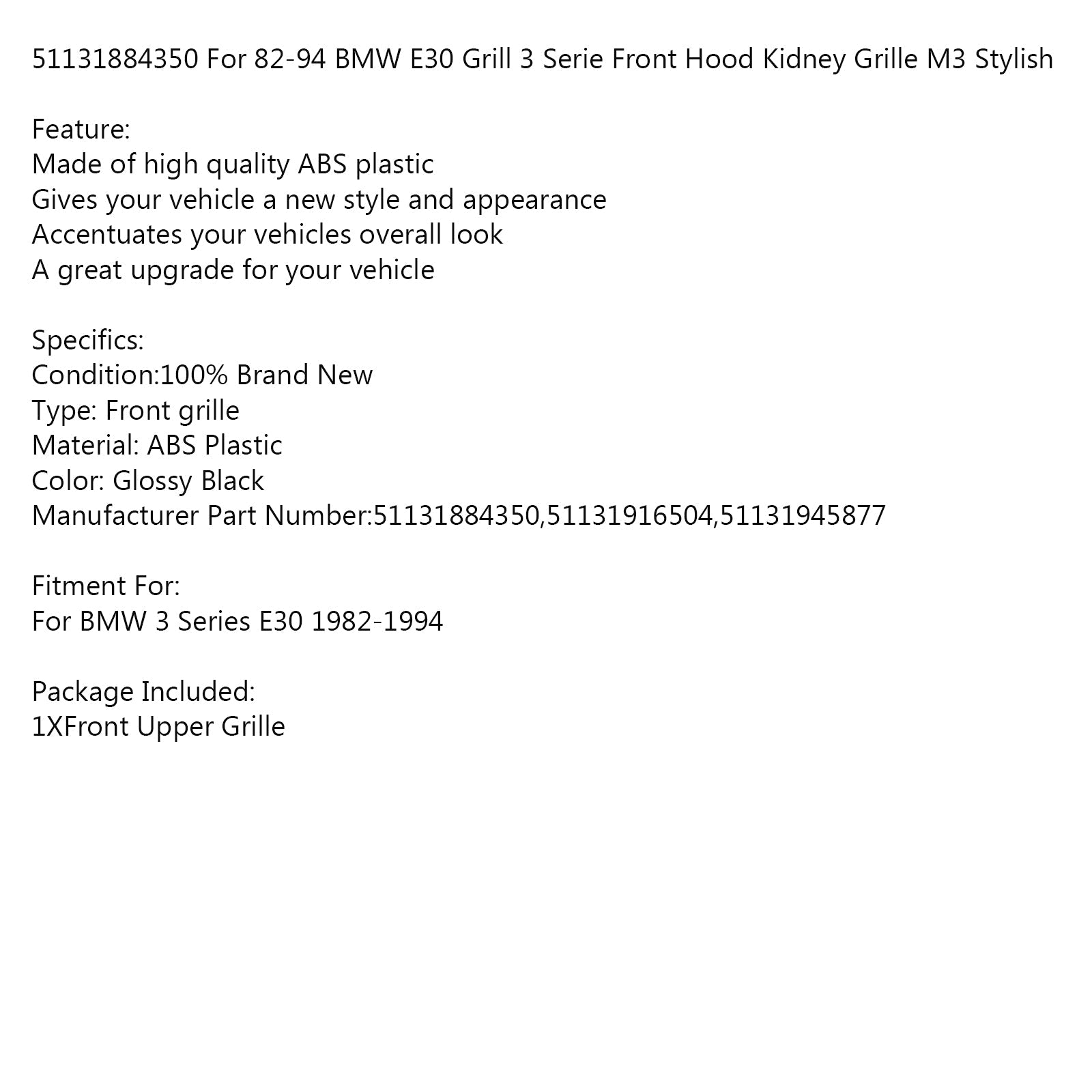 51131884350 Dla 82-94 BMW E30 Grill Seria 3 Przednia maska Grille M3 Stylowa Generic