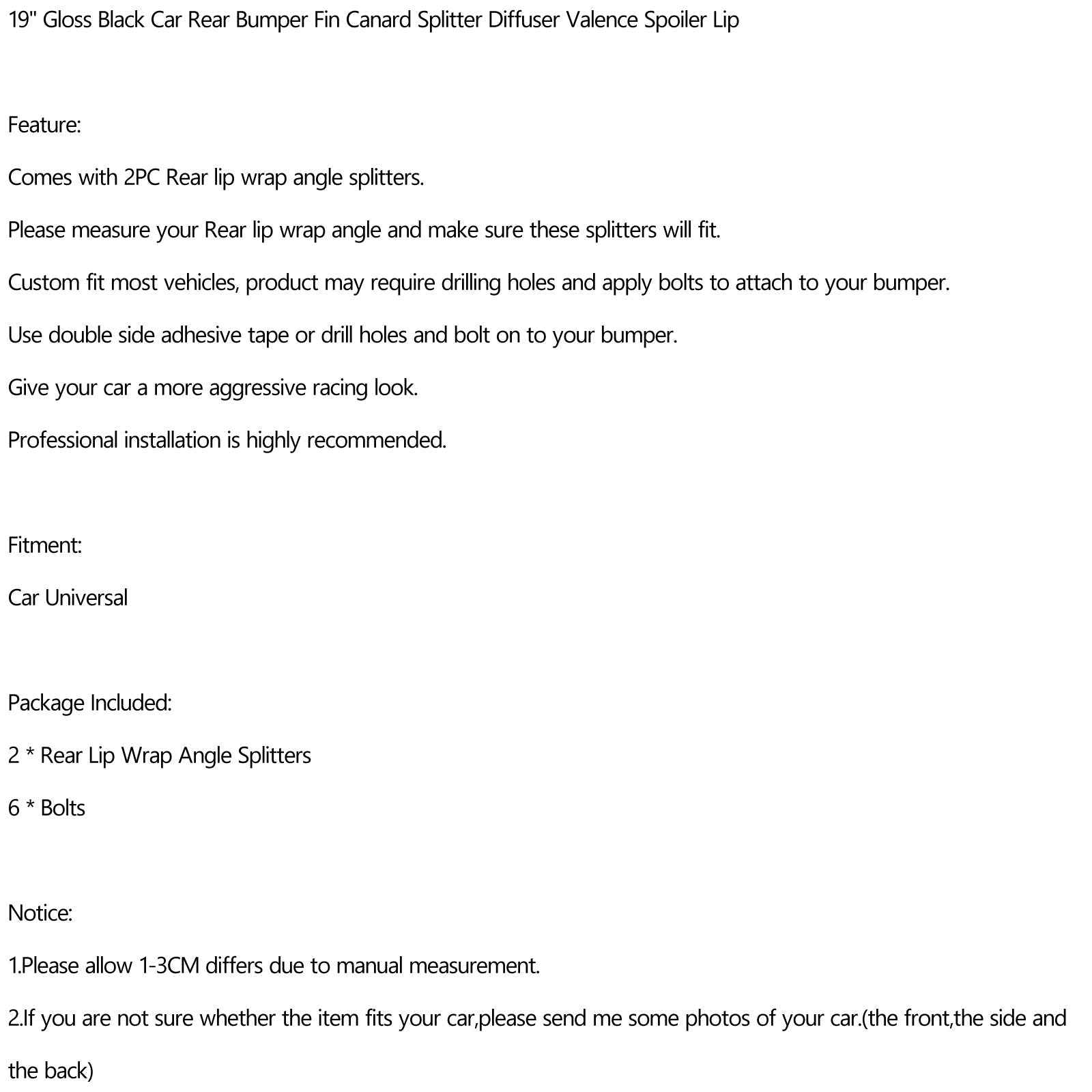 19 inch auto achterbumperspoiler Canard splitter diffuser Valencia spoiler lipgloss zwart generiek