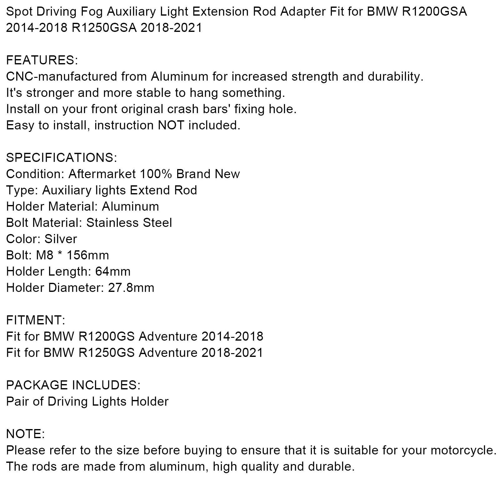 Areyourshop Para pomocniczych przedłużaczy świetlnych do BMW R1200GSA 14-2018 R1250GSA 18-2021