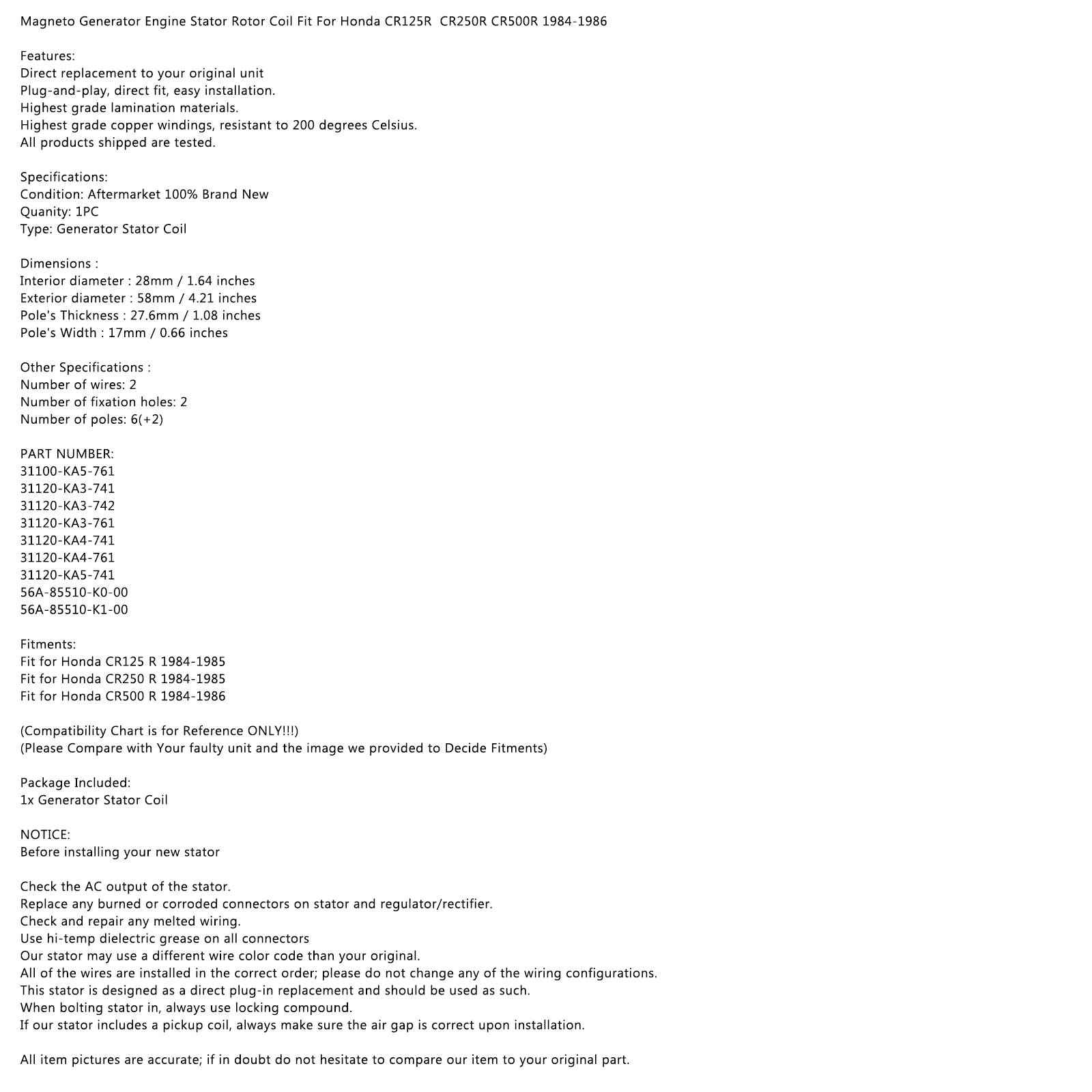 Stator de générateur d'alternateur pour Honda CR 125R 250R 500R 1984 1985 1986 générique