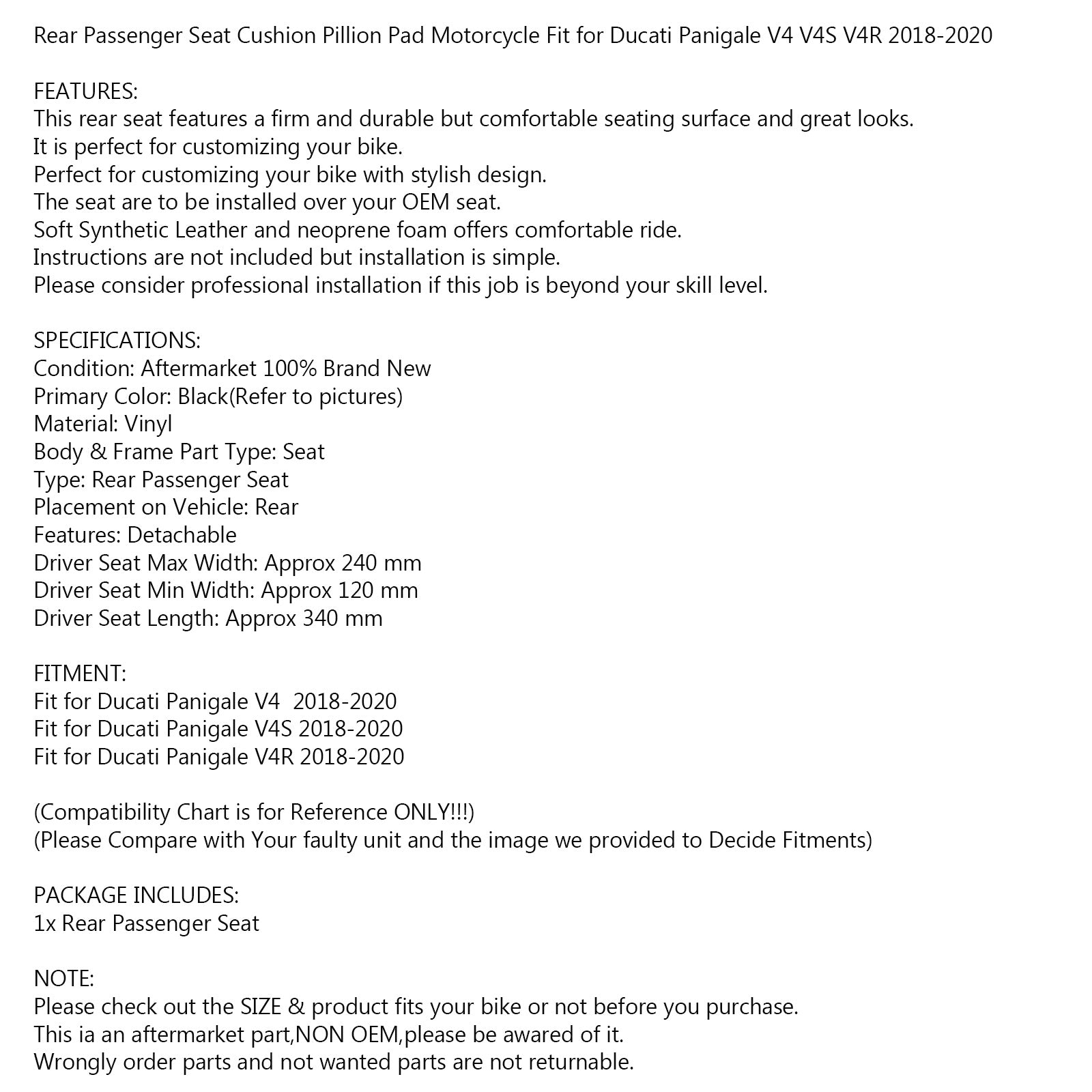 Selle passager arrière pour Ducati Panigale V4 V4S V4R 2018-2020 générique