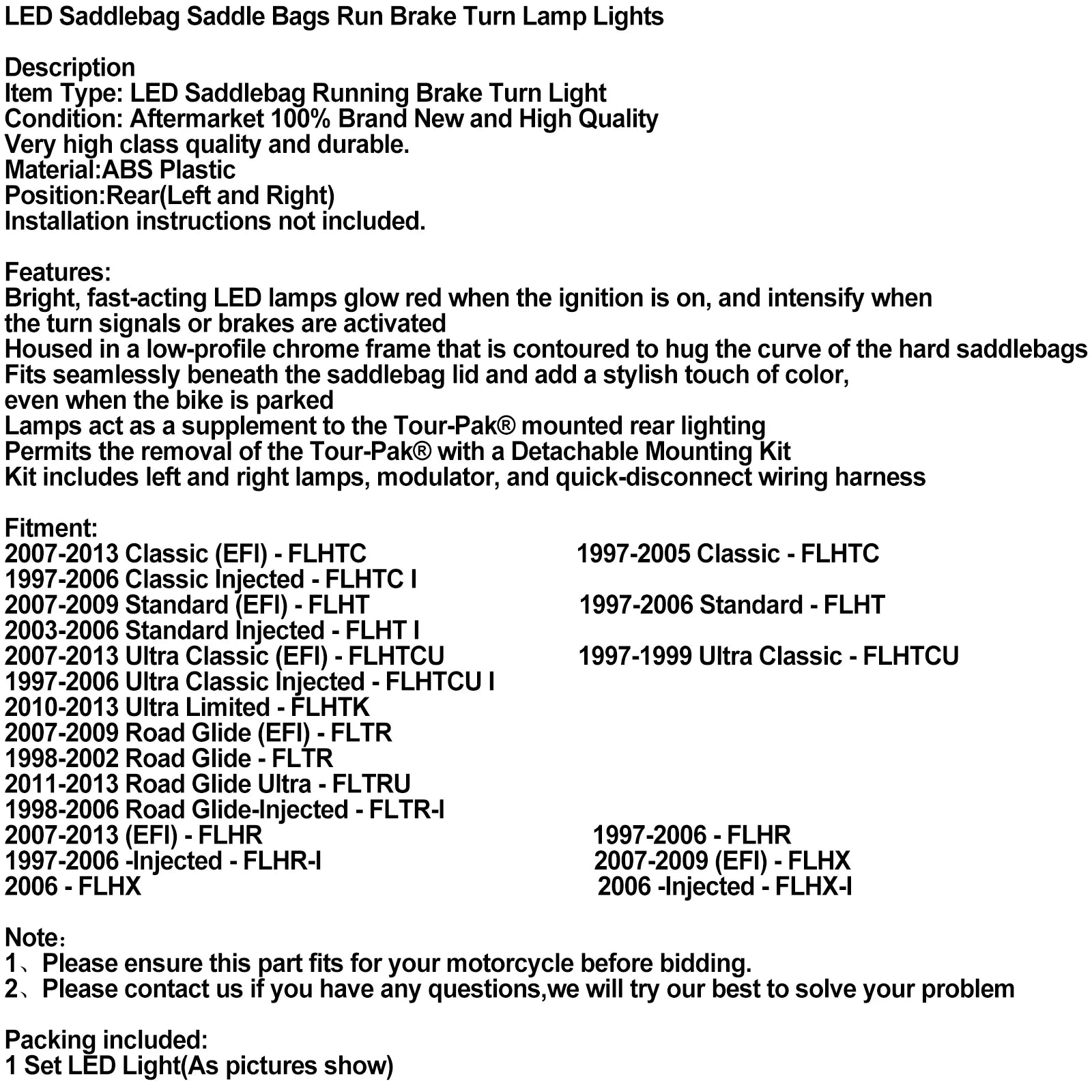 Bolsa trasera LED, alforjas, freno de funcionamiento, luces de lámpara de giro para Touring 1996-2013 genérico