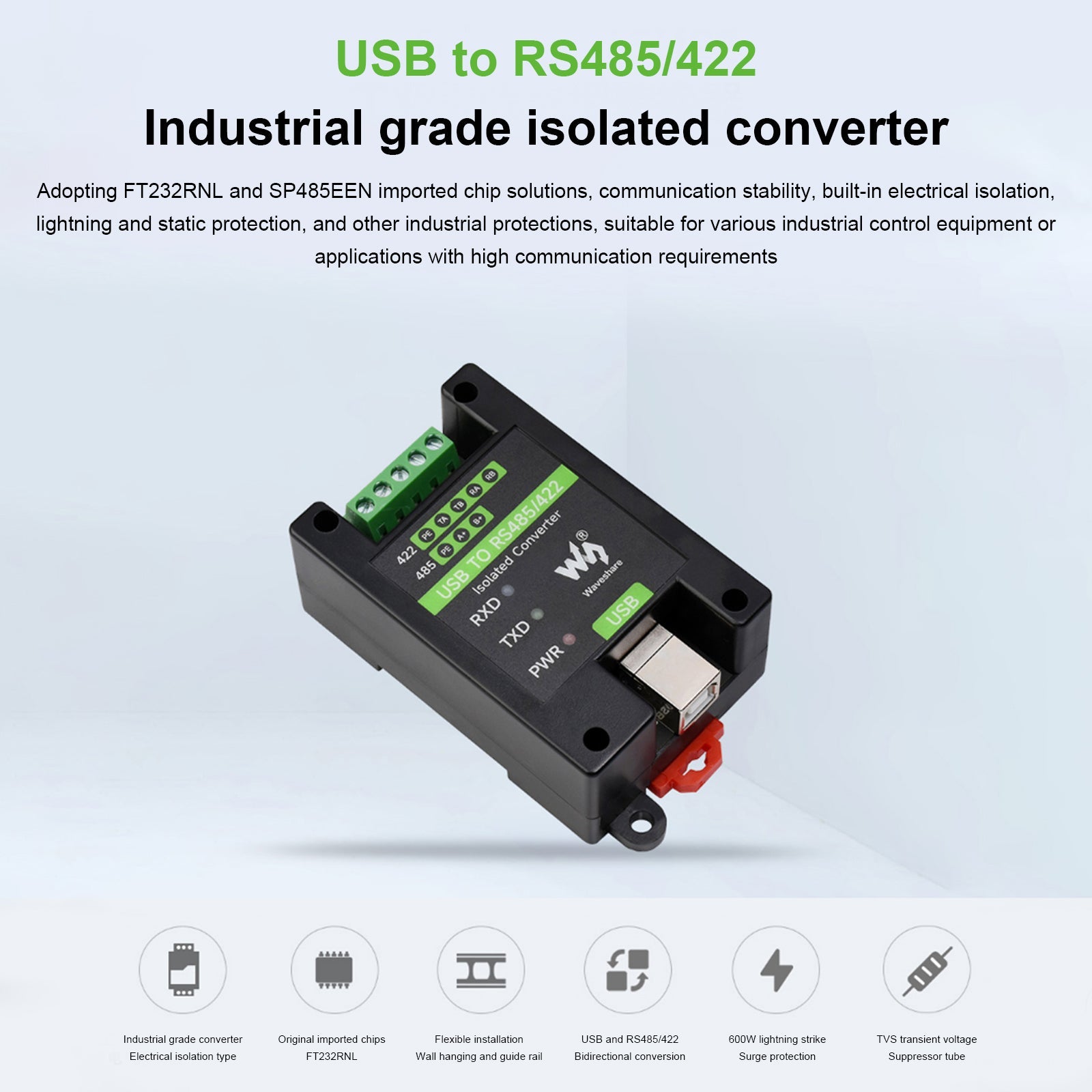 Geïsoleerde converter van industriële kwaliteit USB naar RS485/RS422 multi-beveiligingscircuits