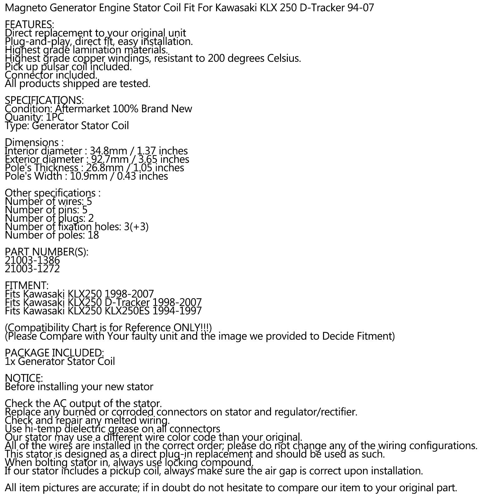 GENERAATTORIN STATORI Kawasaki KLX250 KLX 250 D-Trackerille 1994-2007 06 05 04 03 Generic