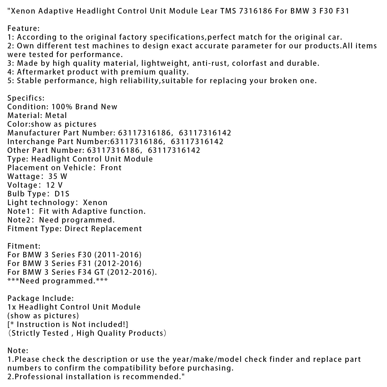 Lear TMS Xenon mukautuvien ajovalojen ohjausmoduuli 7316186 BMW 3 Series F30 F31