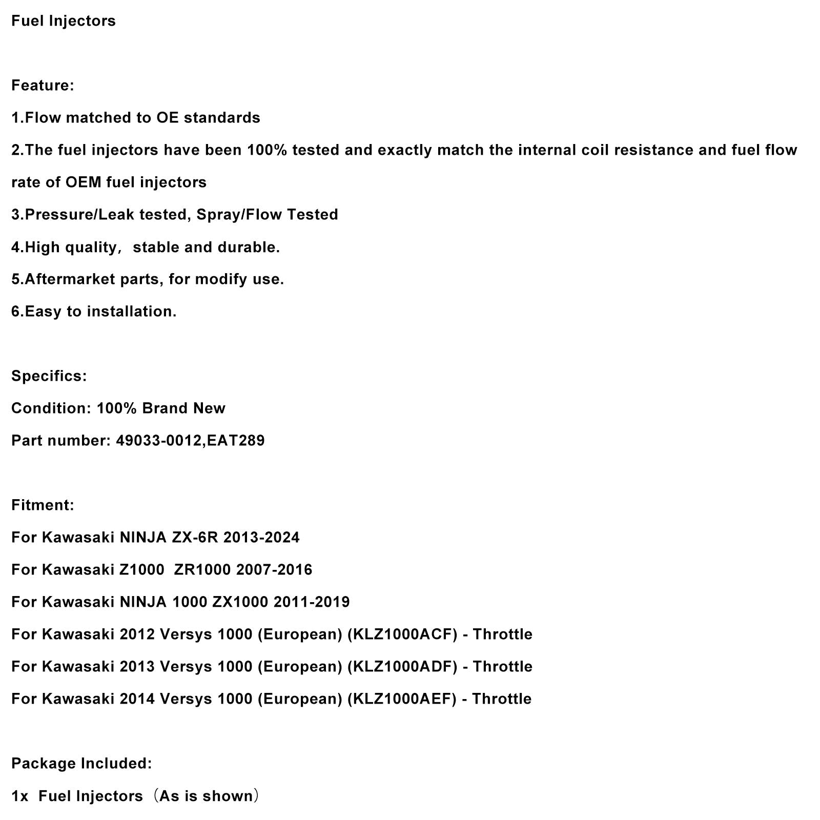 Injecteurs de carburant EAT289 49033-0012 pour Kawasaki NINJA 1000 ZX-6R Z1000
