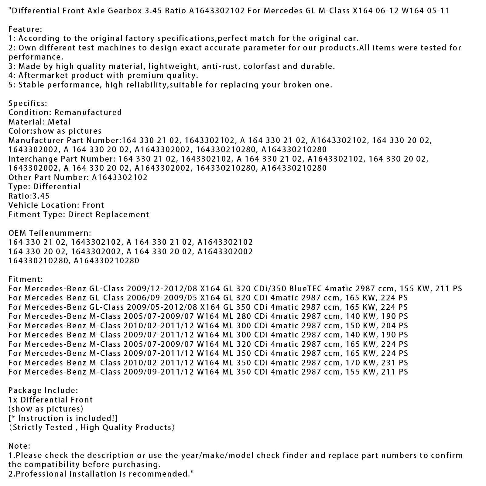 Différentiel avant Mercedes-Benz Classe M W164 ML 300 CDi, rapport de transmission 3,45, 07/2009-12/2011, 164330210280