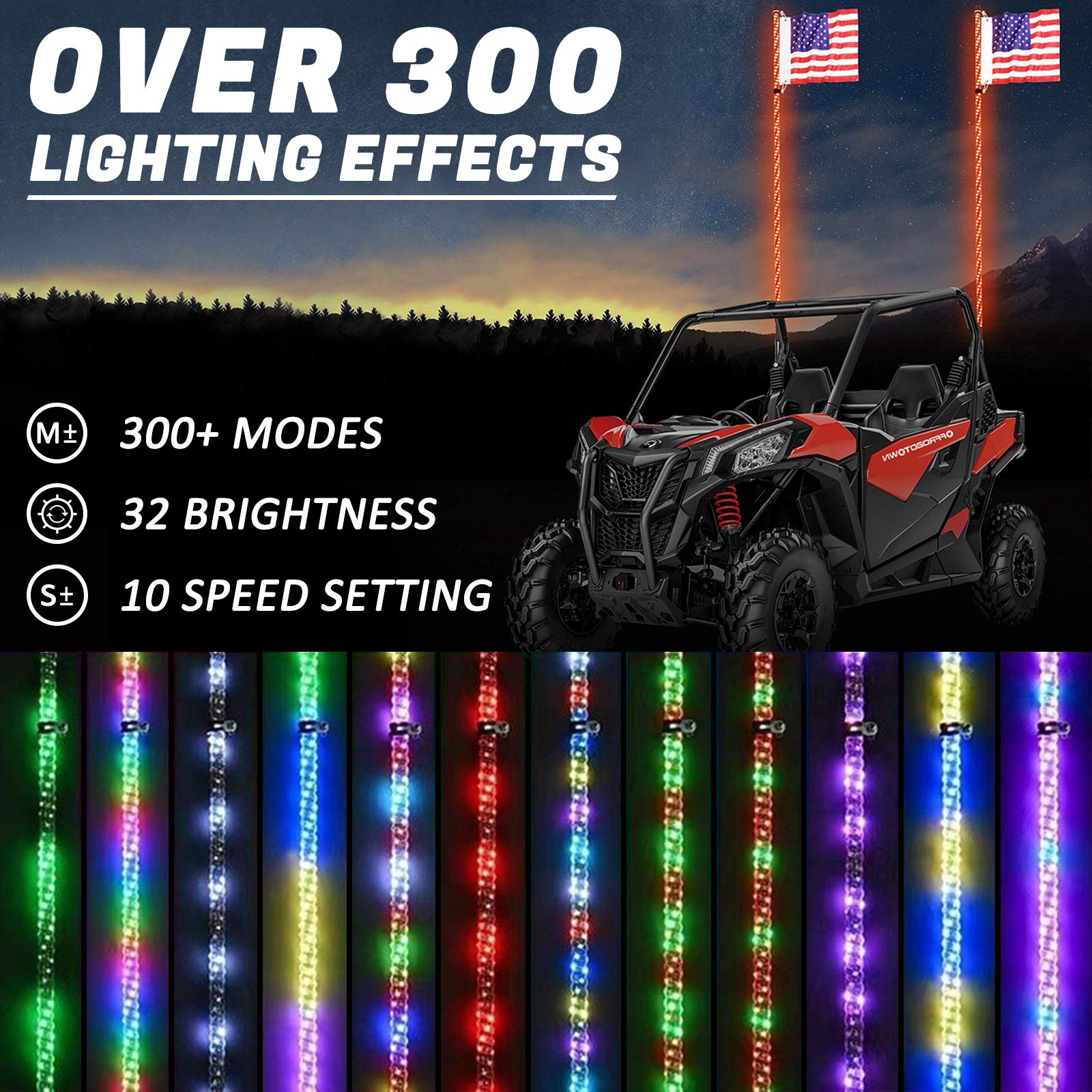 Antenna a frusta illuminata a LED RGB da 2 x 90 cm con telecomando e bandiera per Polaris RZR UTV/ATV