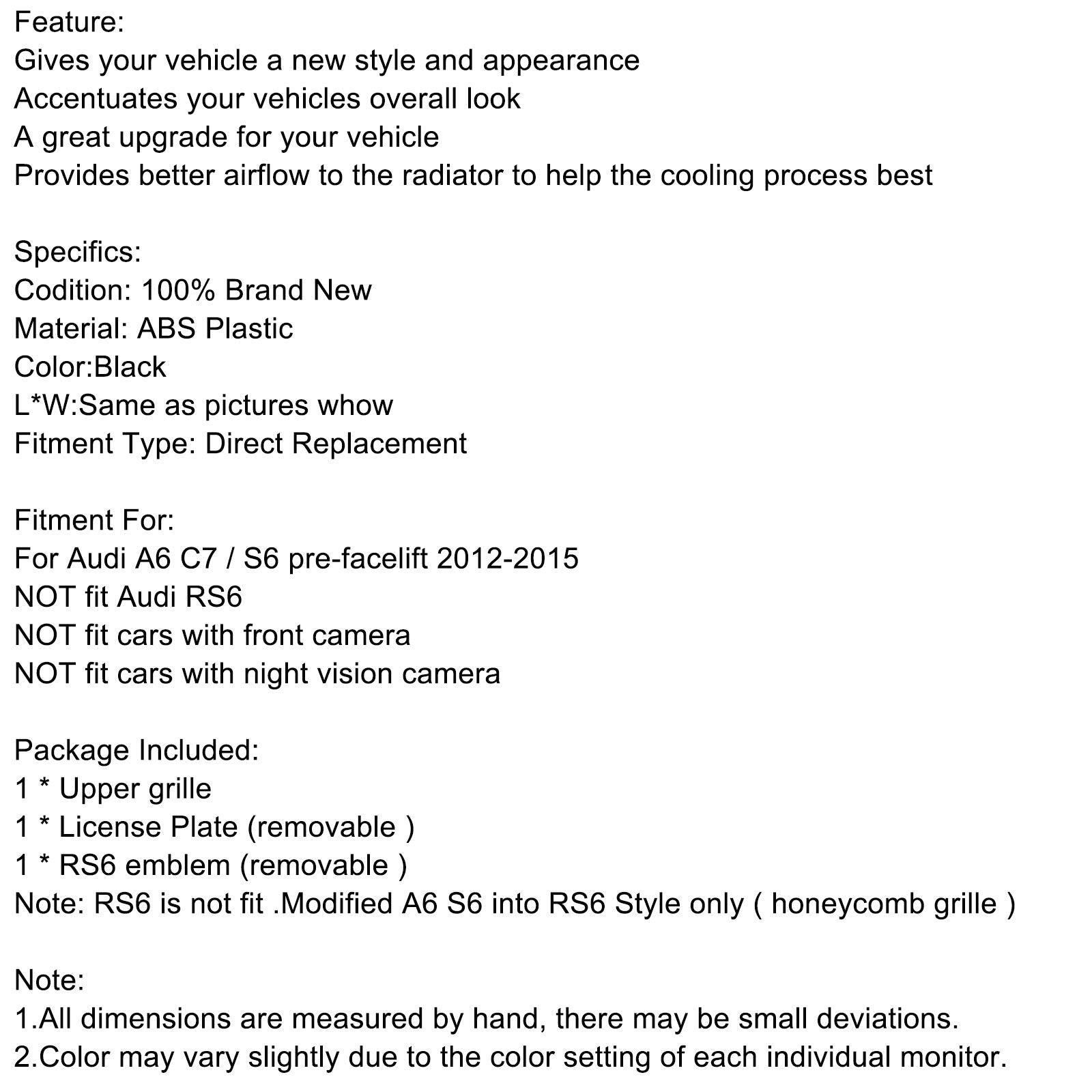 Rejilla de panal de malla frontal estilo RS6 compatible con Audi A6 S6 C7 2012-2015 