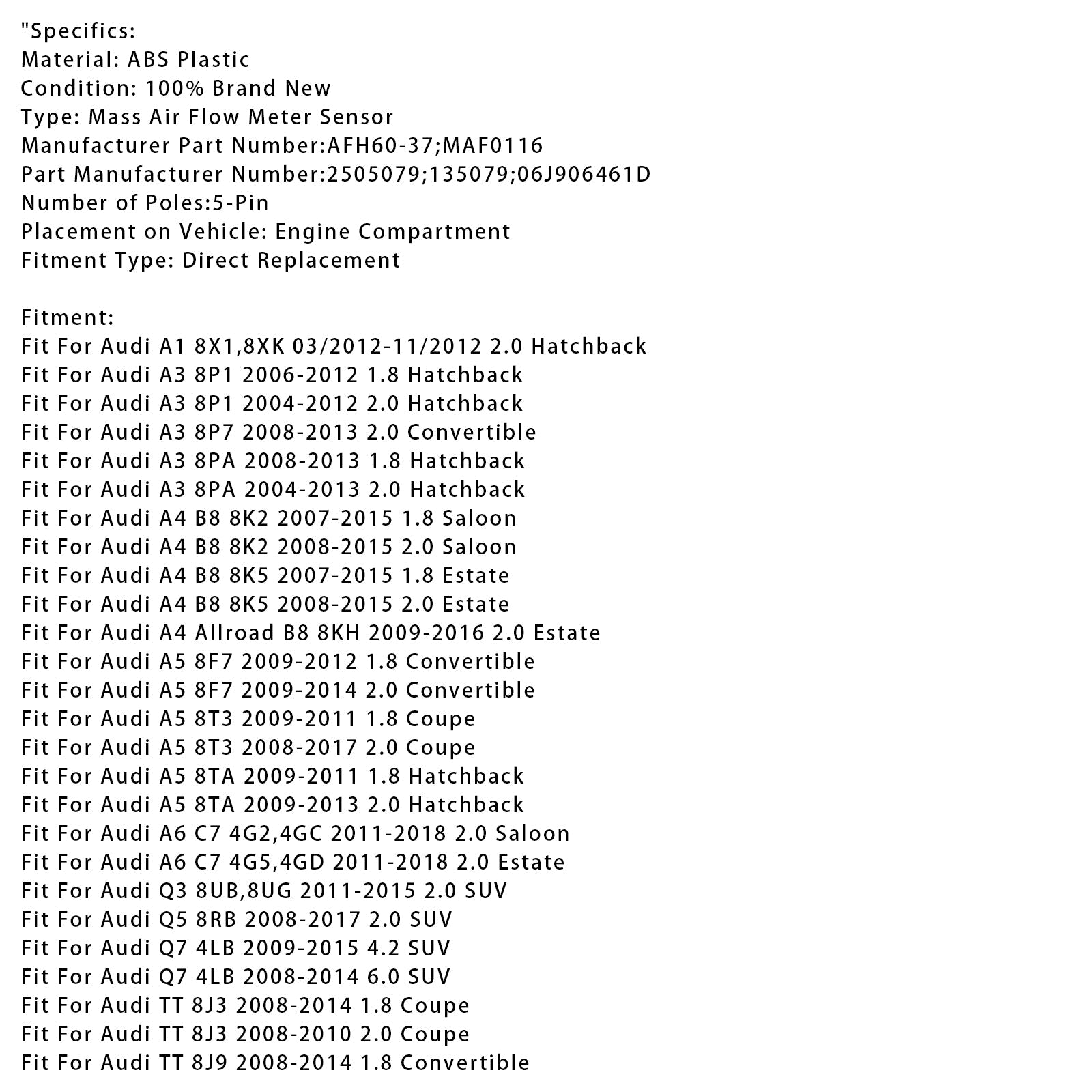 Senzor merilnika pretoka d'zračna masa za Audi A3 8P1 A4 B8 Q5 8RB TT 8J3 A6 C7 2505079